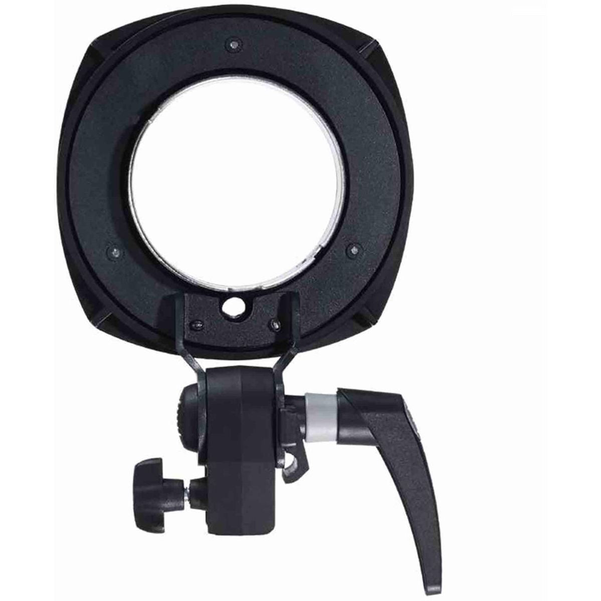 Adaptateur Elinchrom Quadra MK-II vu de face, ouverture de la bague et support pied
