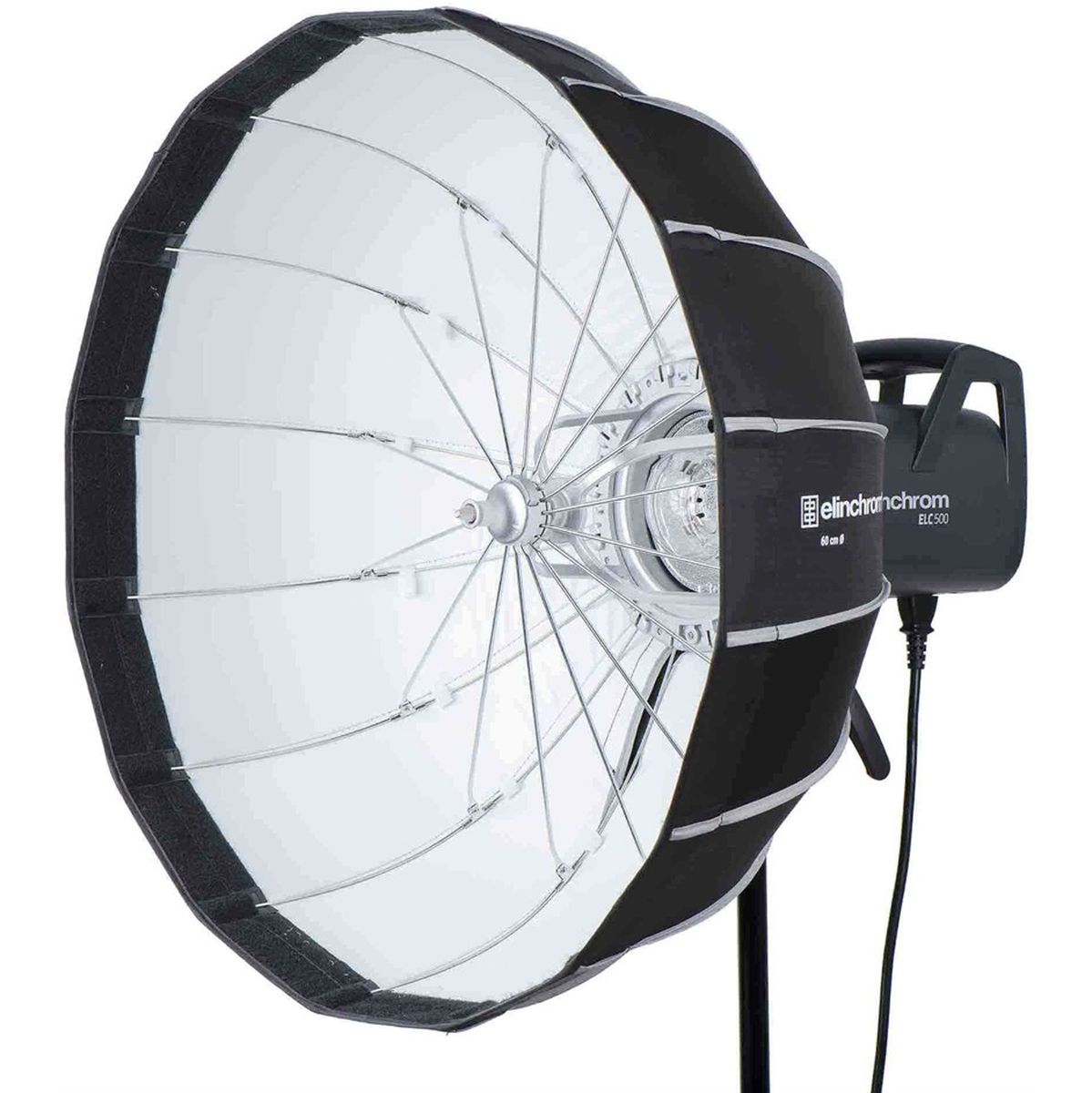 Boîte Rotalux Go à baleines argentées montée sur une tête Elinchrom ELB 500, intérieur blanc