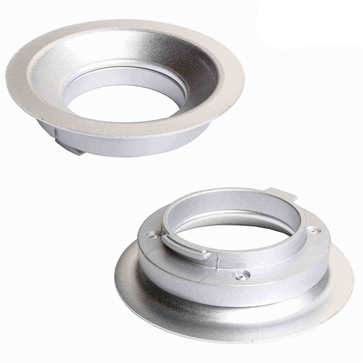 Adaptateur Rotalux Go Broncolor vu côté boîte et côté flash, bague de fixation vissée