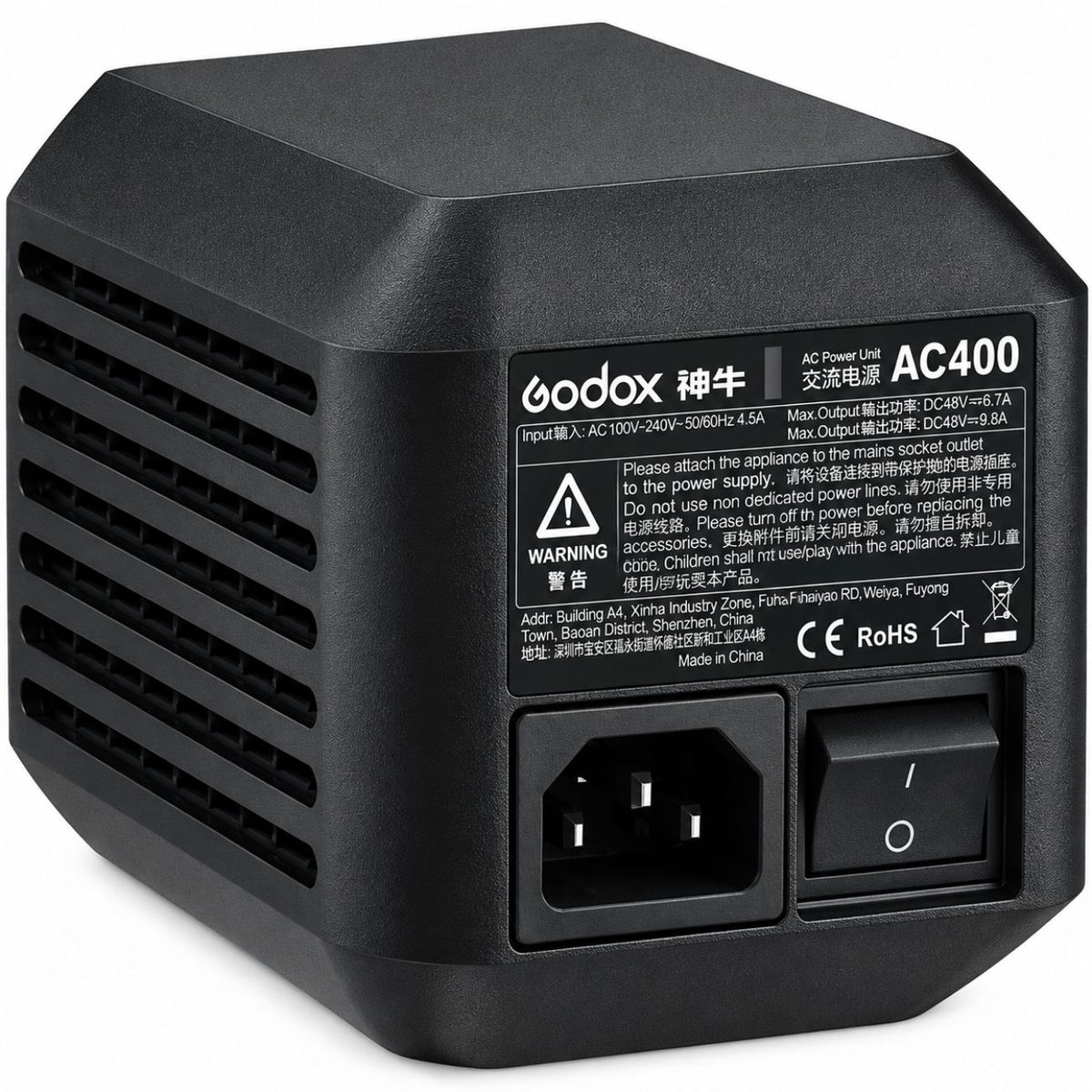 Adaptateur secteur Godox AC400, face arrière avec prise secteur, interrupteur et étiquette