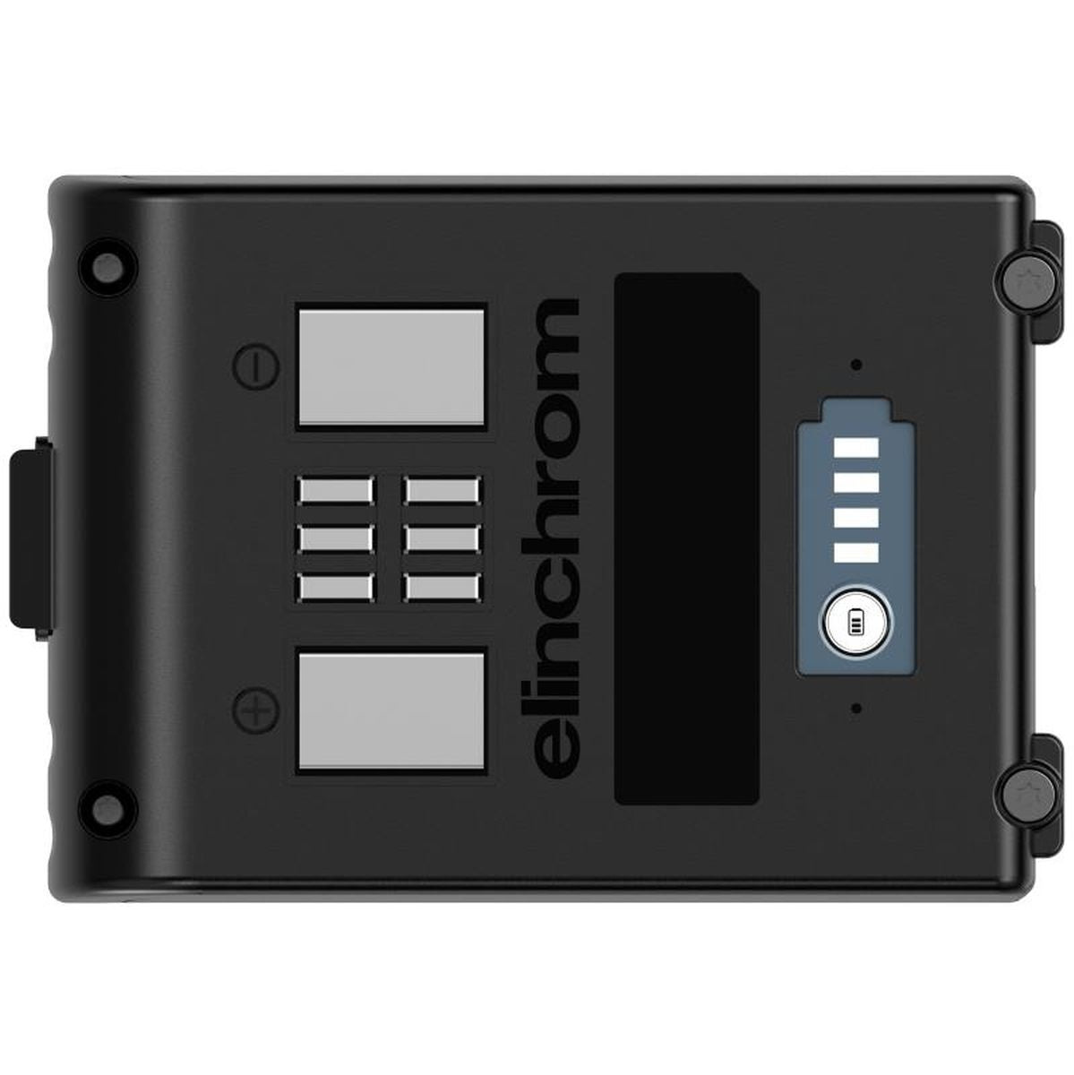 Batterie Elinchrom FIVE vue de dessus, contacts et jauge de charge à cinq segments