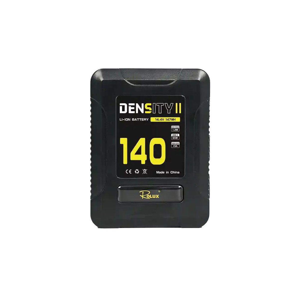Batterie V-Mount Rolux Density II 140 Wh de face, étiquette jaune 14,4 V et logo Rolux