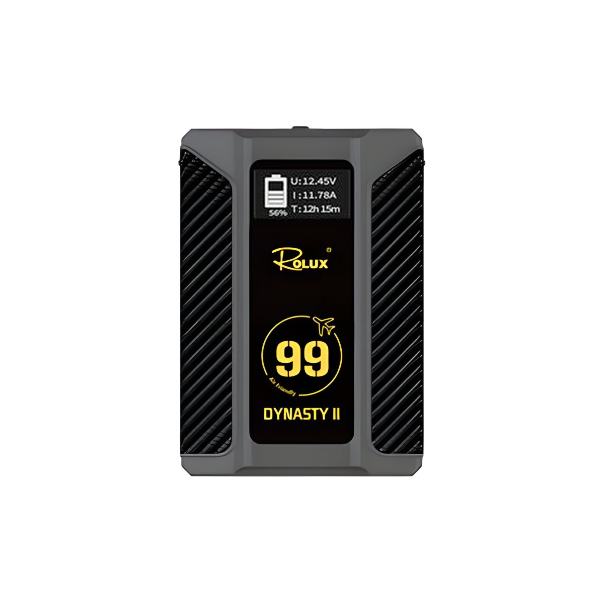 Batterie V-Mount Rolux Dynasty II 99 Wh de face, flancs en fibre de carbone et écran OLED de charge