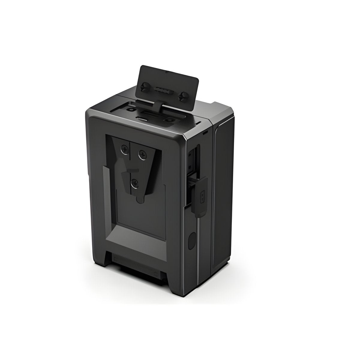 Monture V-Mount au dos de la batterie Rolux Dynasty II 99 Wh, cache des prises relevé