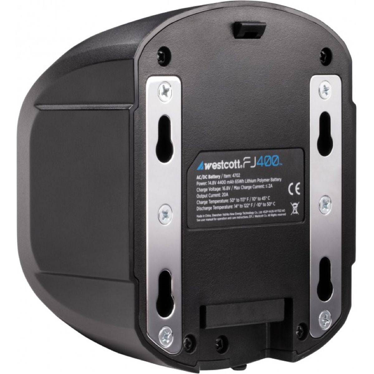 Arrière de la batterie Westcott FJ400 AC/DC, rails métalliques et étiquette 14,8 V 4400 mAh 65 Wh