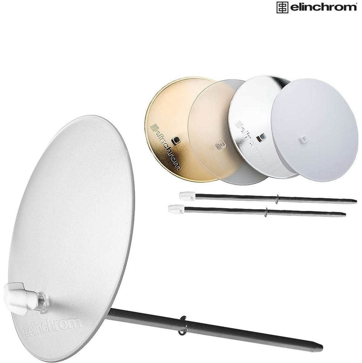Quatre déflecteurs or, transparent, argent et blanc et tiges de fixation du bol beauté Elinchrom Softlite 44 cm