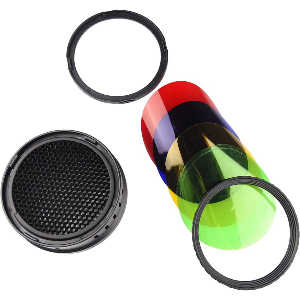 Contenu du kit Godox BD-08, grille nid d'abeille, deux bagues et filtres rouge, bleu, jaune et vert