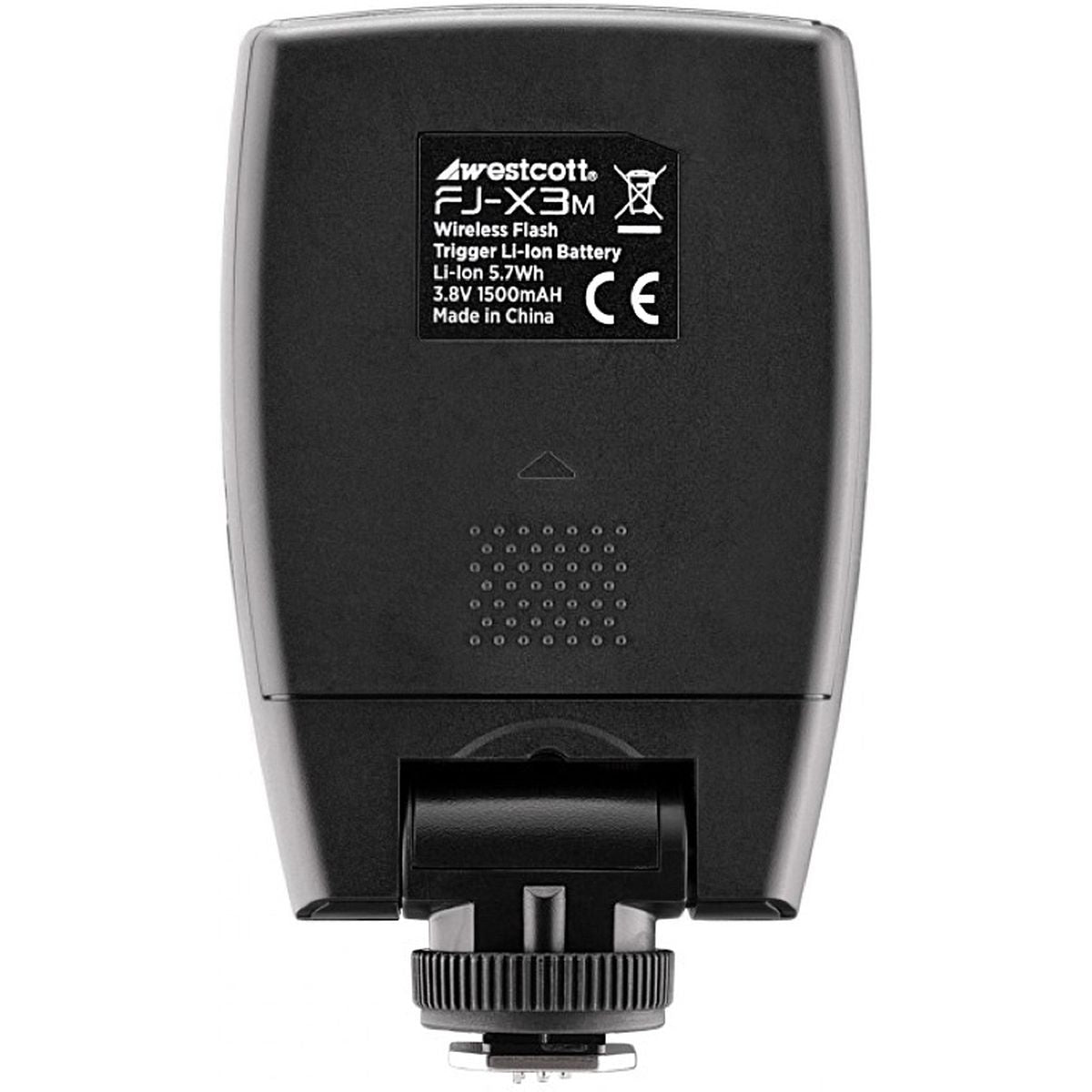 Dos du déclencheur Westcott FJ-X3 M universel, étiquette de la batterie Li-Ion 3,8 V et pied de griffe