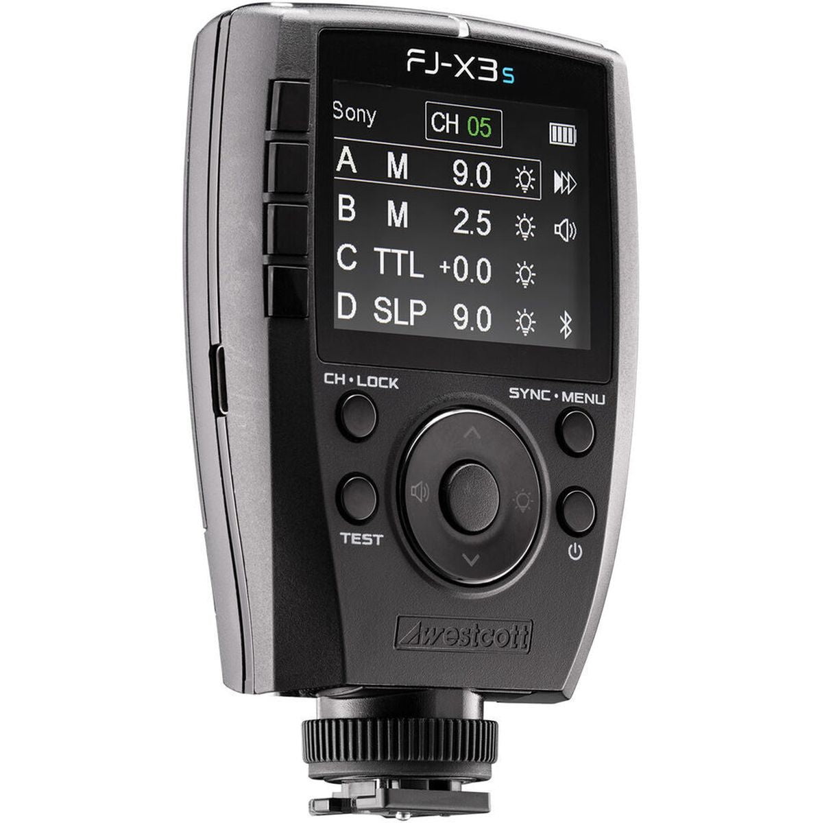 Déclencheur Westcott FJ-X3 S pour Sony de trois quarts, pavé de navigation et griffe Sony dédiée