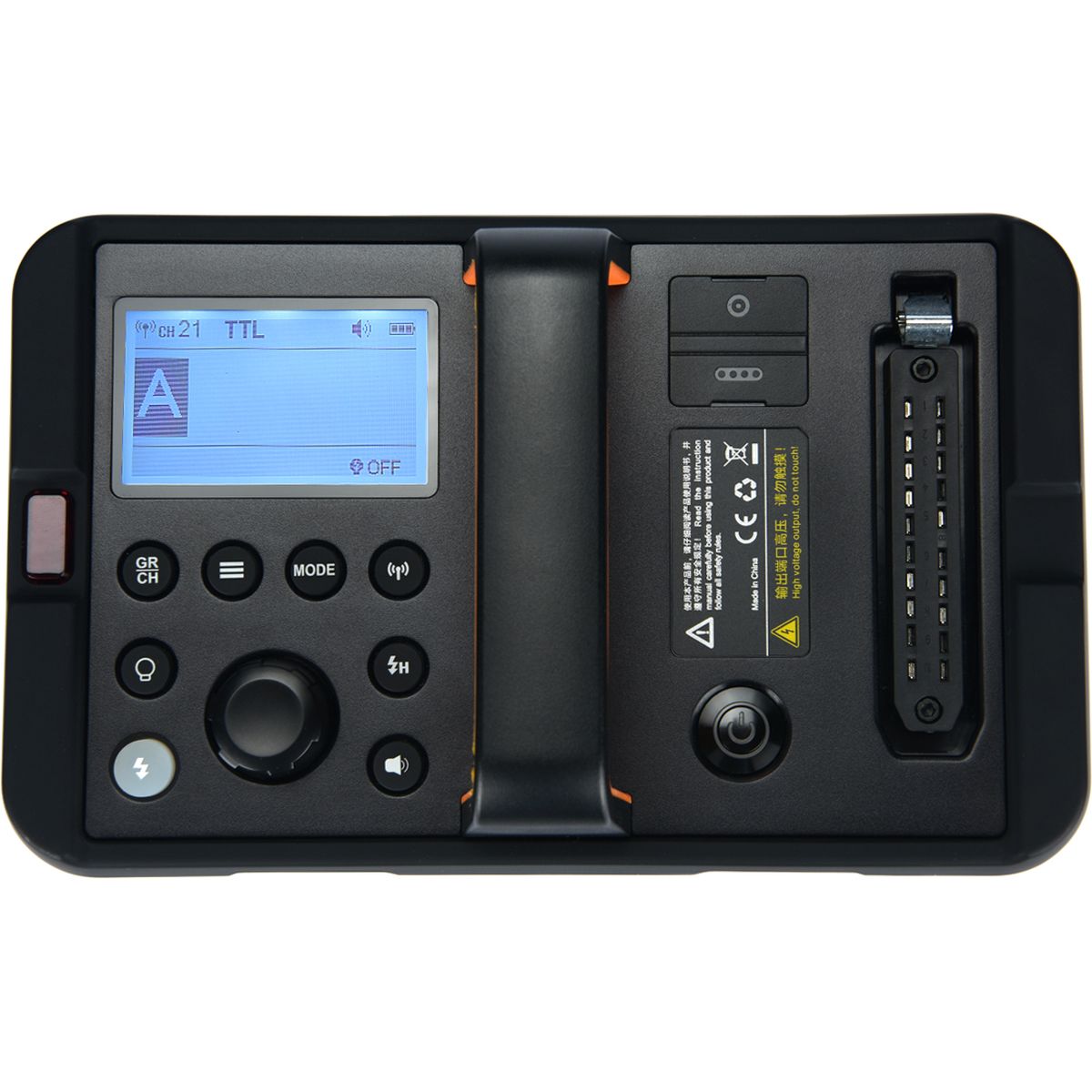 Panneau supérieur du générateur Godox AD1200Pro avec écran en mode TTL, commandes et prise de tête