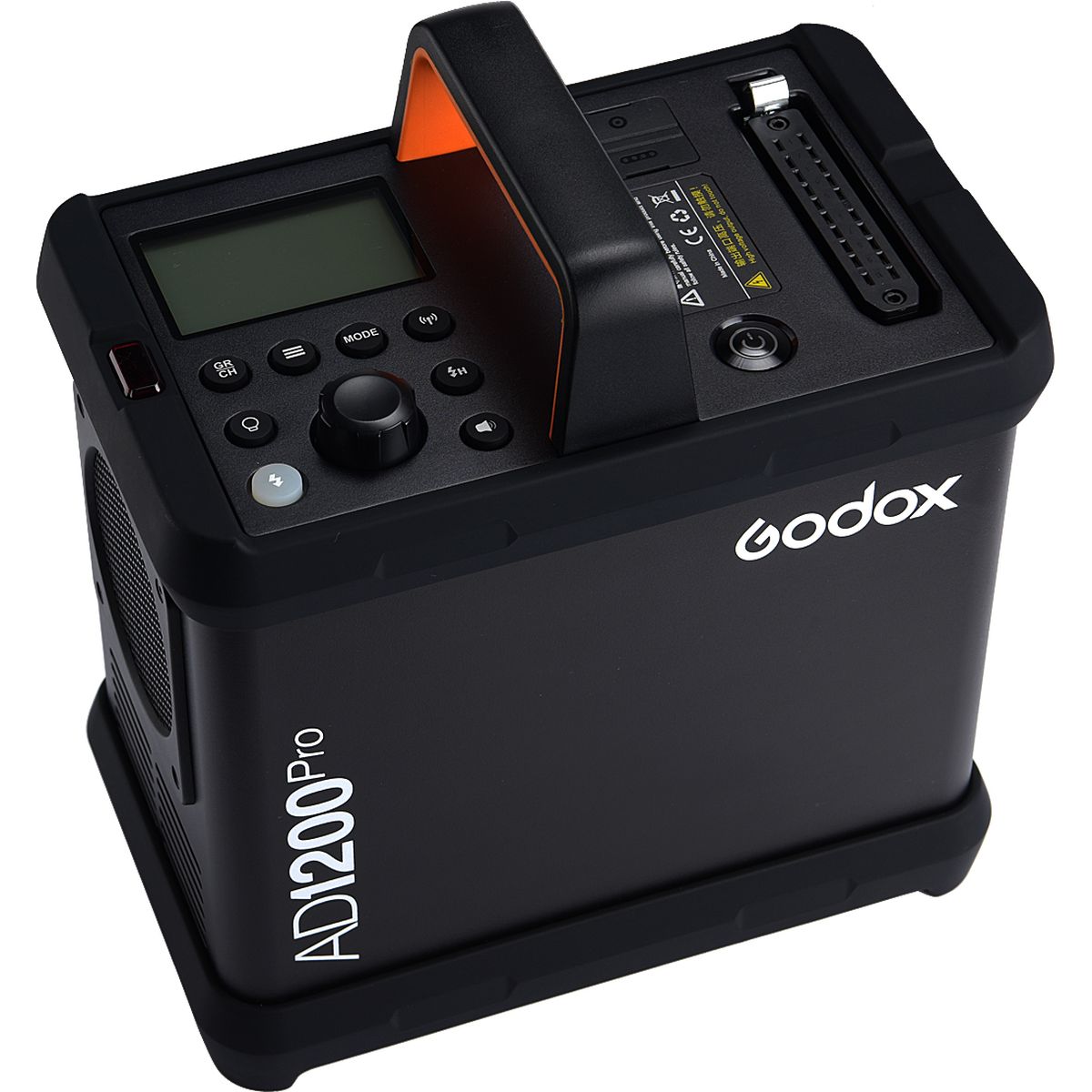 Générateur du flash portable Godox AD1200Pro vu de dessus, écran, commandes et poignée de transport