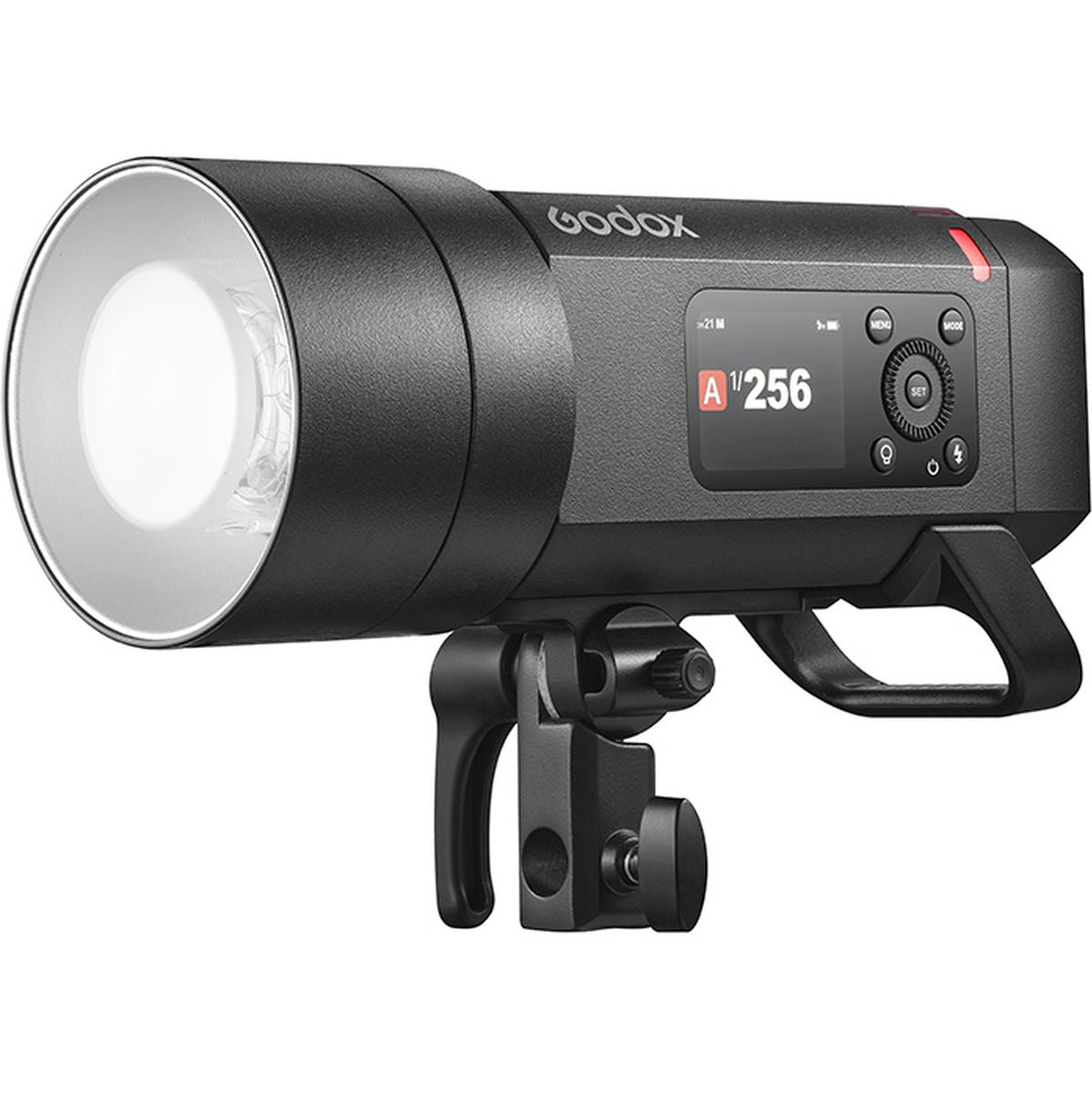 Flash portable Godox AD400Pro II de trois quarts avant avec réflecteur et écran couleur