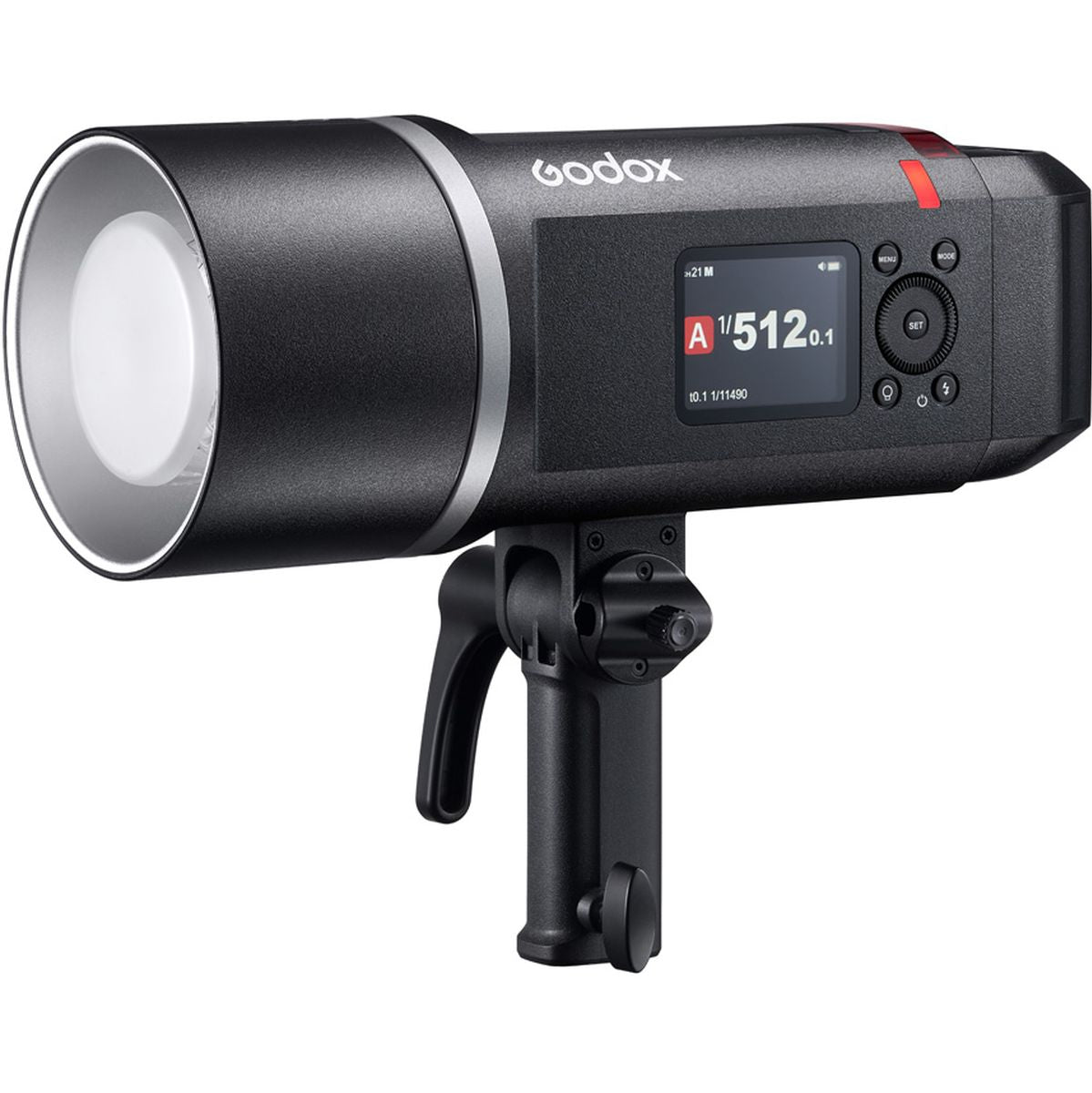 Flash portable Godox AD600BM II de trois quarts avant avec réflecteur, écran couleur et poignée