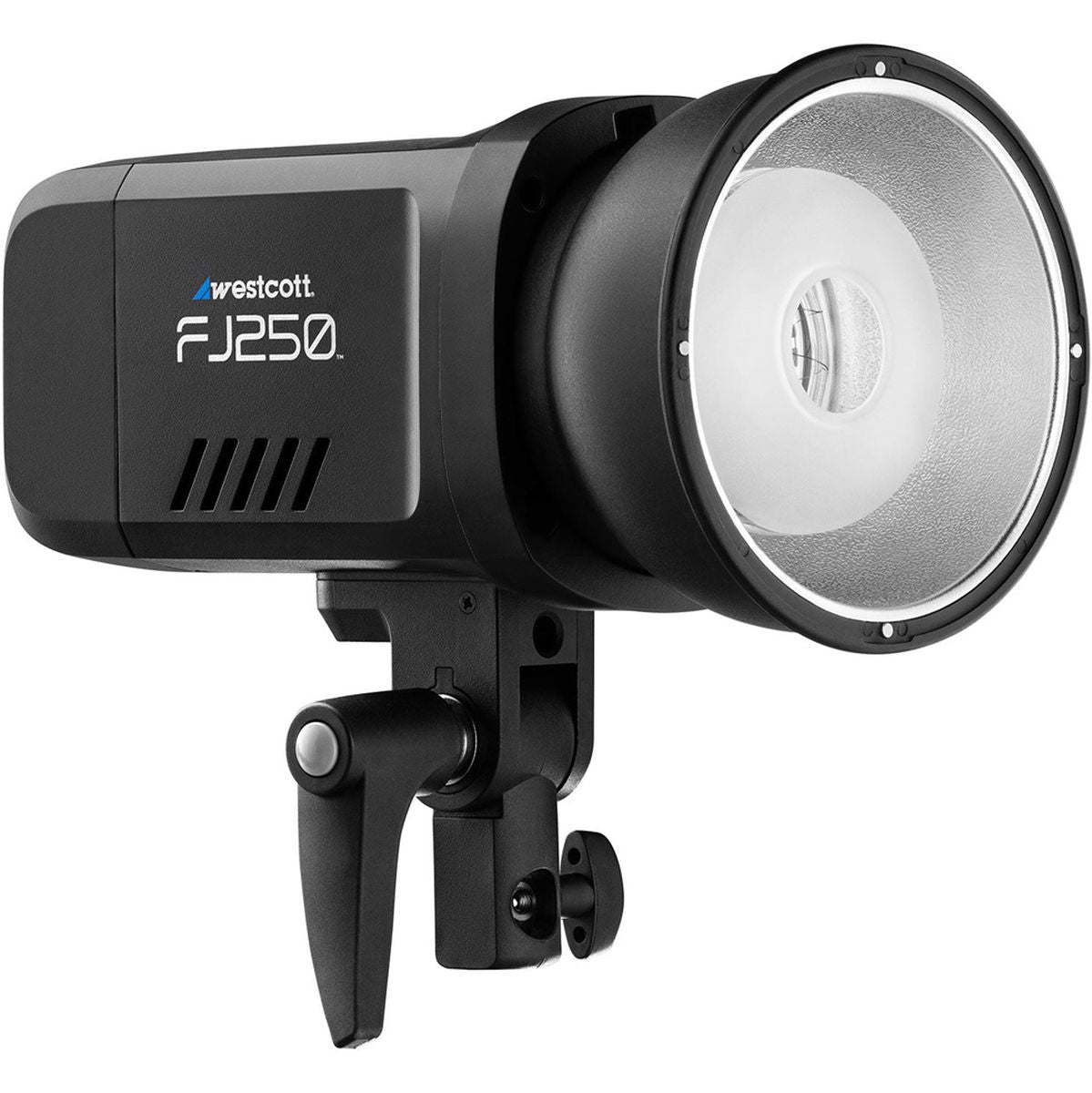 Flash portable Westcott FJ250 vu de profil droit avec logo et rotule