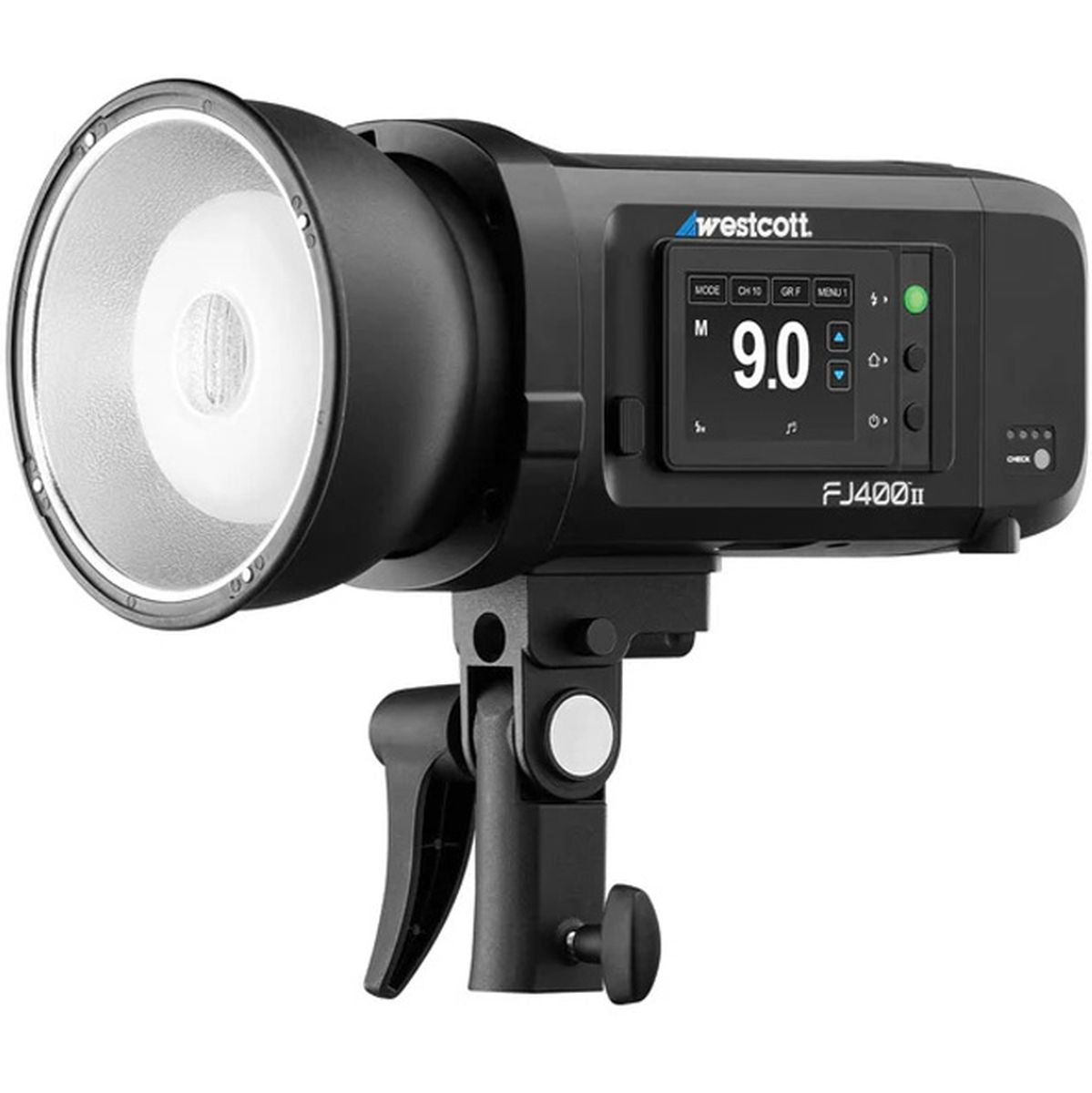 Flash portable Westcott FJ400 II vu de trois quarts avec réflecteur et écran tactile
