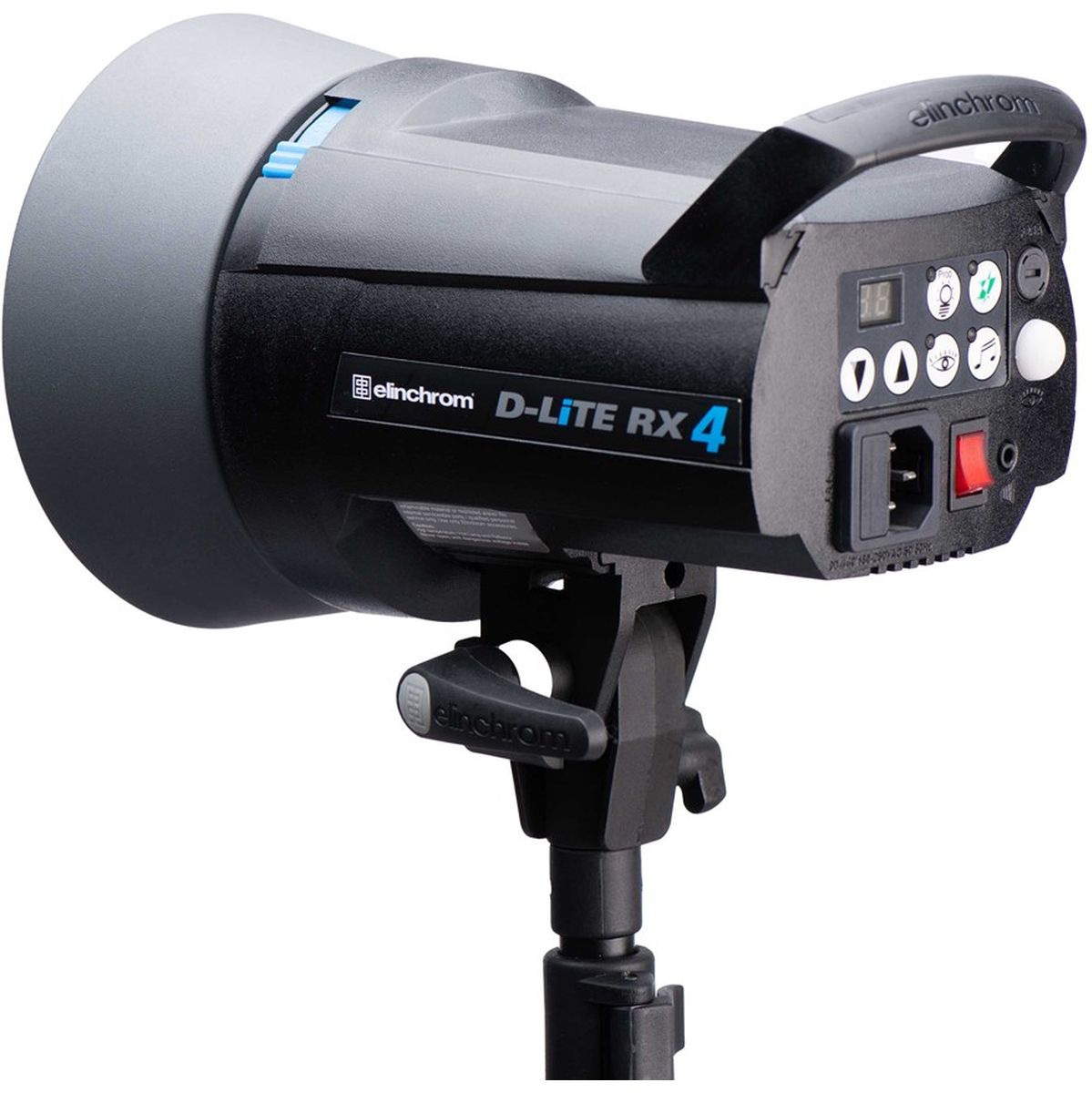 Flash studio Elinchrom D-Lite RX 4 de trois quarts arrière sur un pied, poignée et panneau de commande