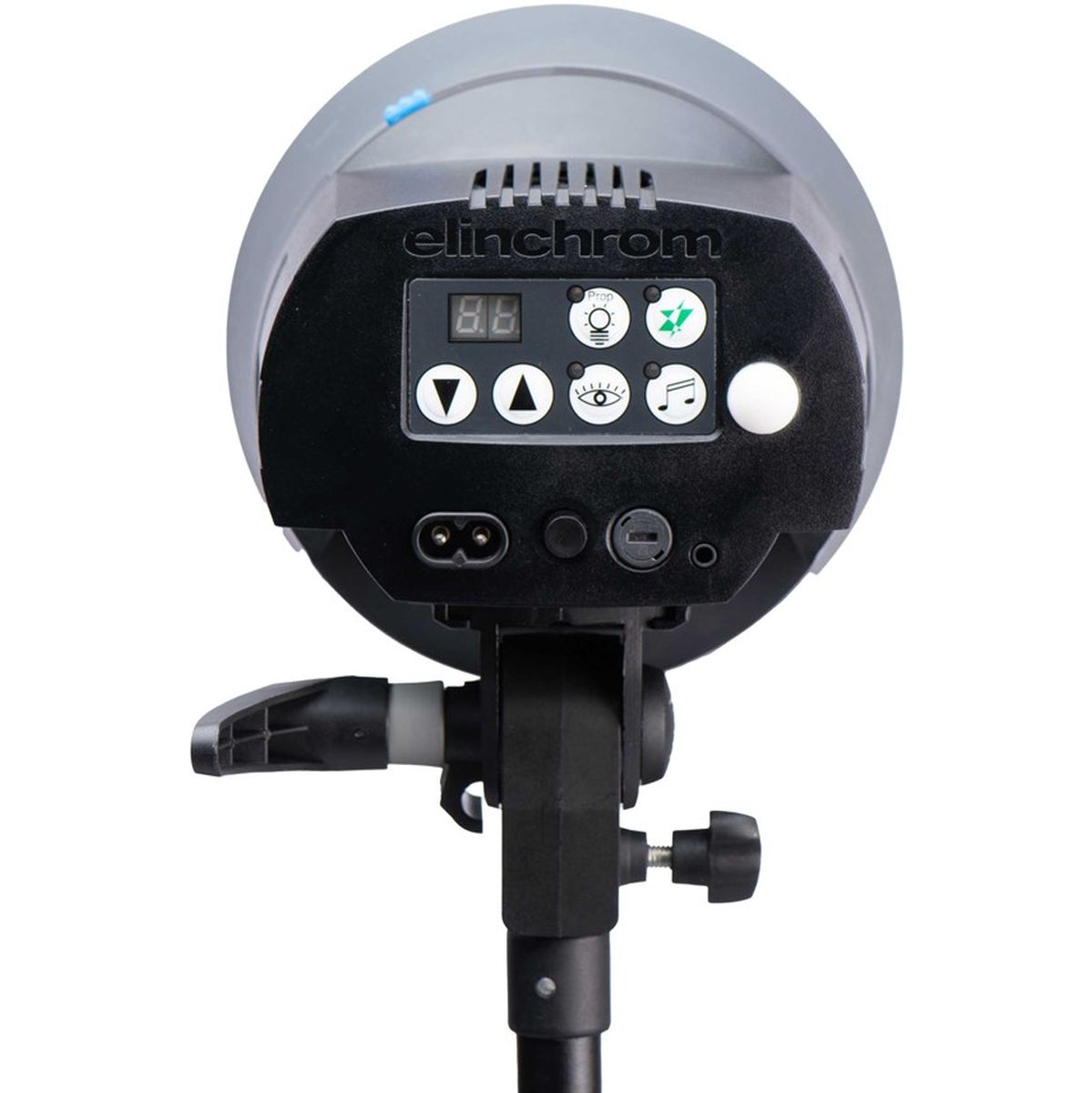 Flash studio Elinchrom D-Lite RX ONE vu de dos sur un pied, panneau de commande et prise secteur