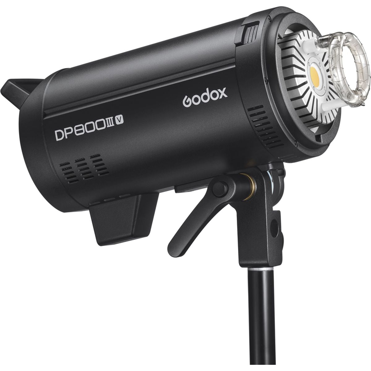 Flash studio Godox DP800III-V de trois quarts avant sur un pied, tube éclair et lampe pilote LED à nu