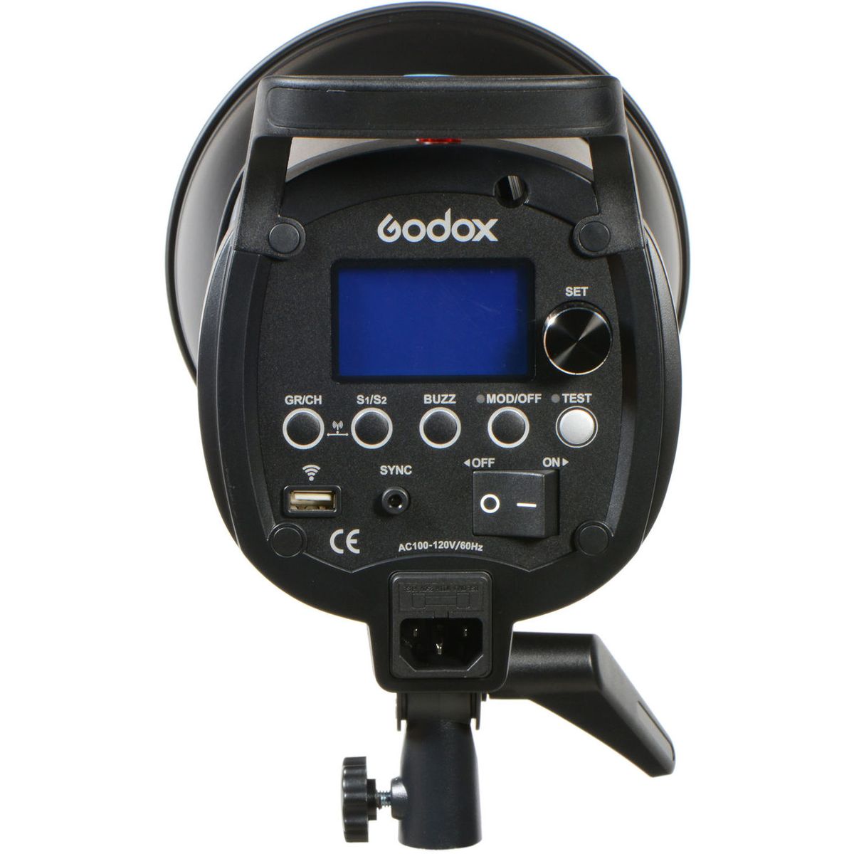 Panneau arrière du flash studio Godox QS400II avec écran LCD, boutons, entrée synchro et prise secteur