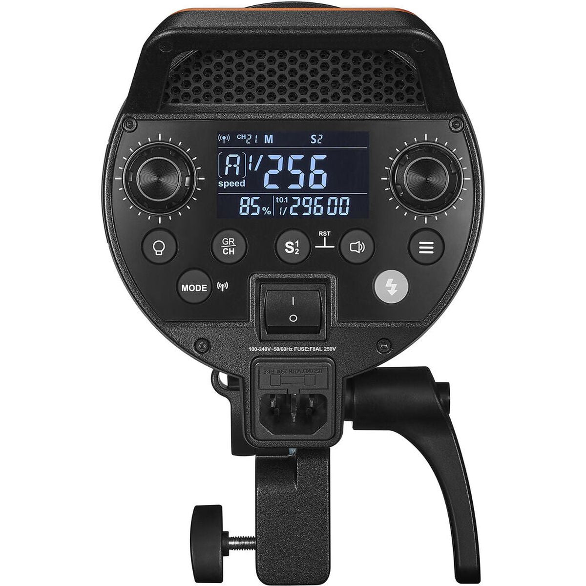 Panneau de commande arrière du flash studio Godox QT400IIIM avec écran LCD, boutons et prise secteur
