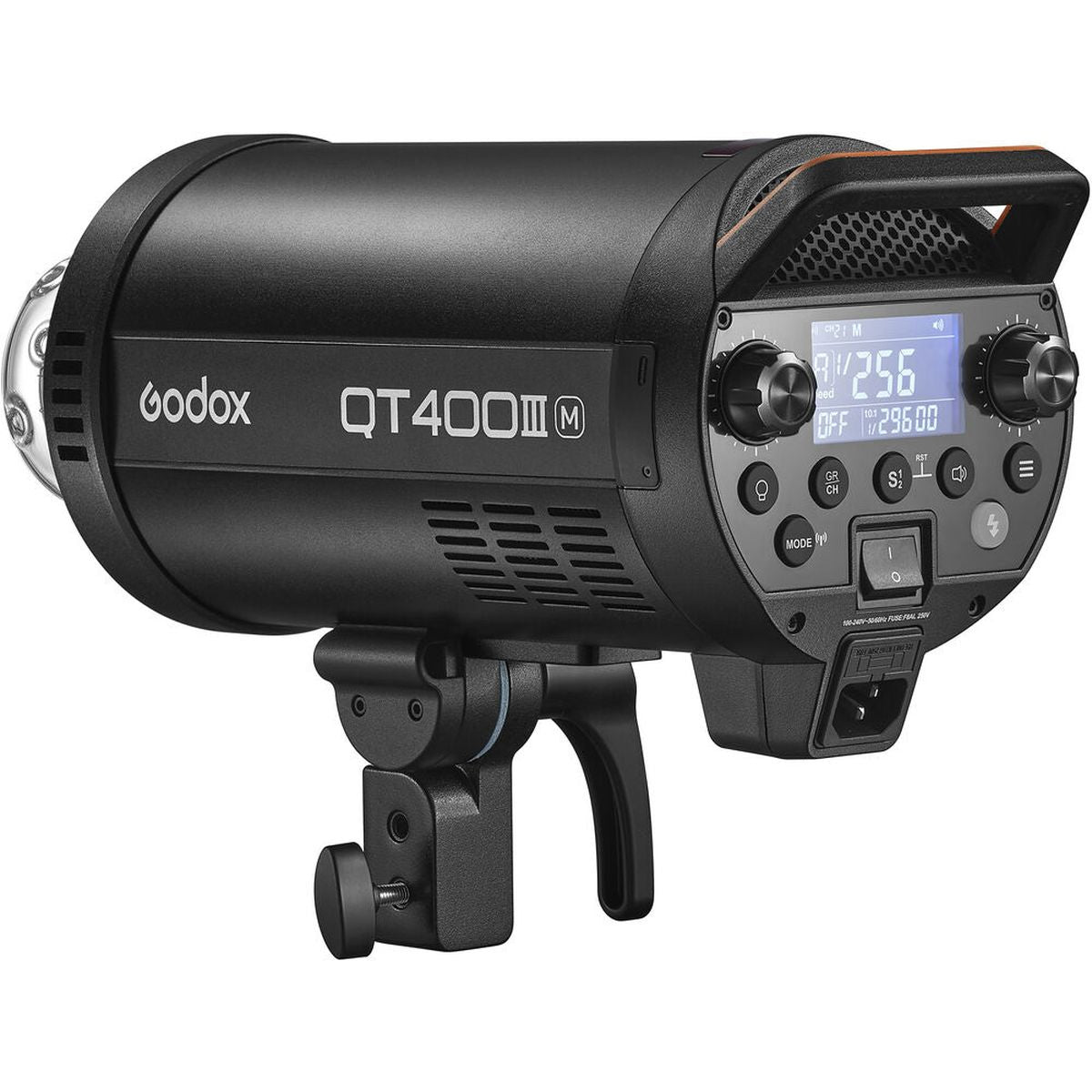 Flash studio Godox QT400IIIM de trois quarts arrière avec écran LCD allumé et molettes