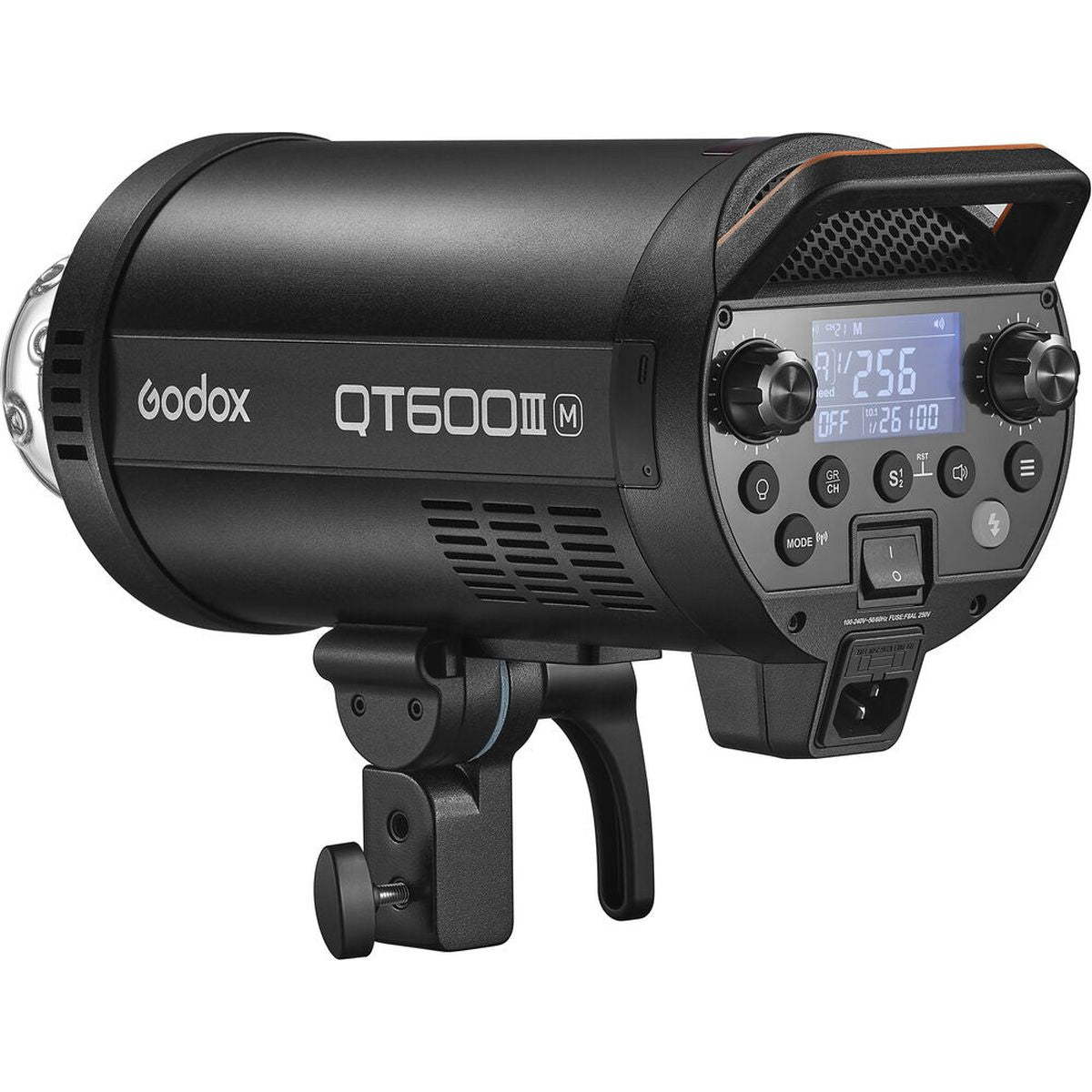 Flash studio Godox QT600IIIM de trois quarts arrière avec écran LCD allumé et molettes