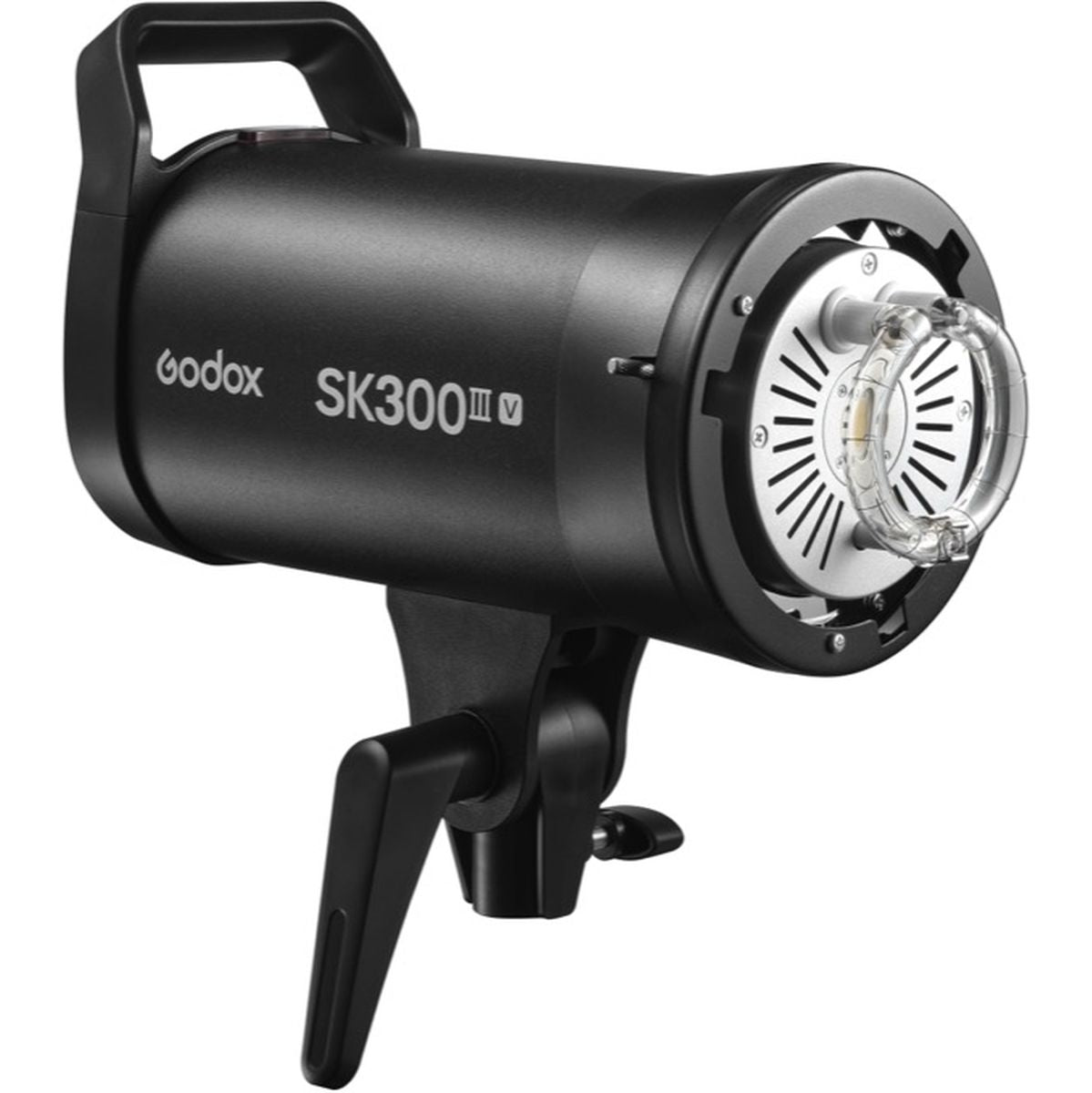 Flash studio Godox SK300III-V de trois quarts avant avec tube éclair et poignée de transport