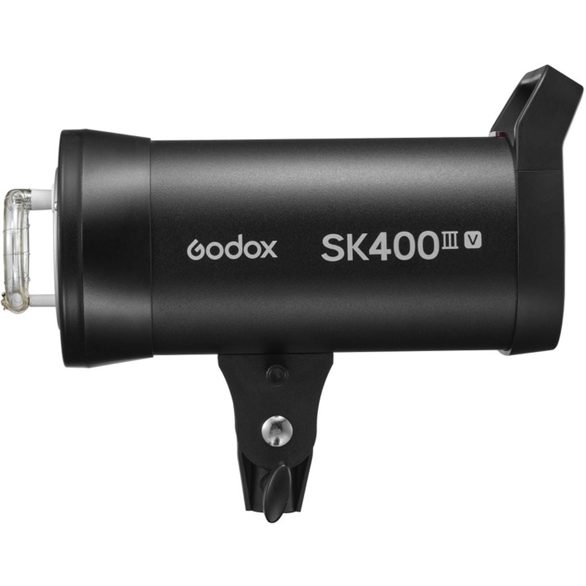 Flash studio Godox SK400III-V de profil, tube éclair à gauche et poignée à droite