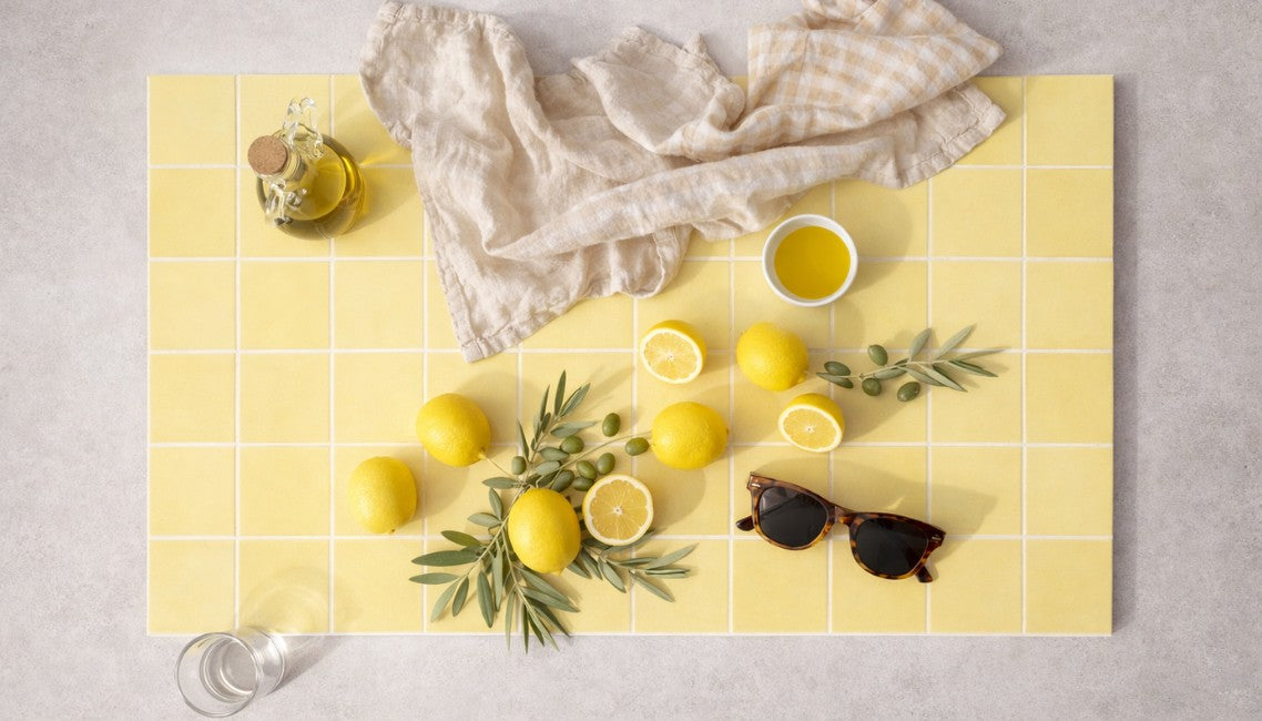 flat lay grande composition carrelage bleu