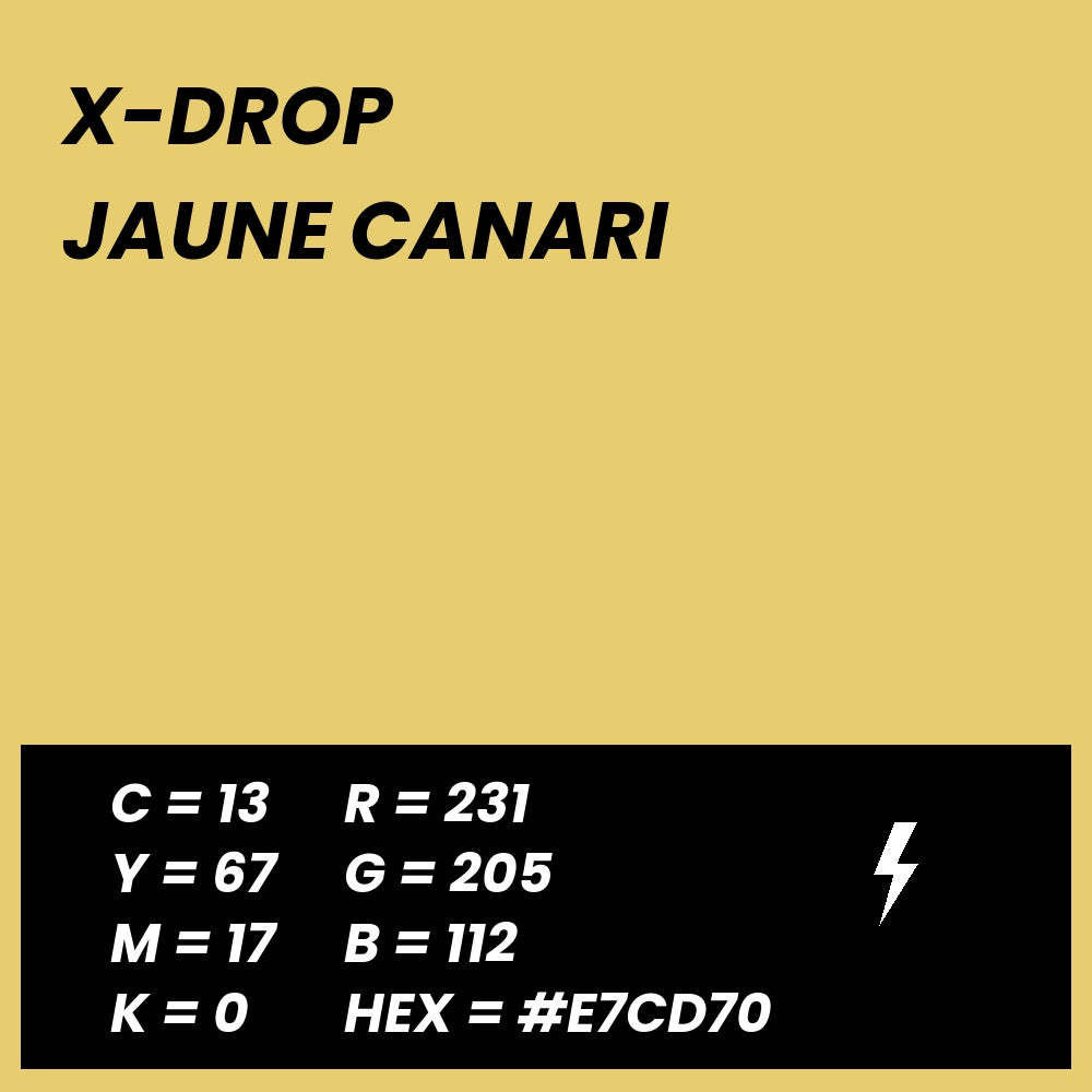 Fond Photo Anti-Froissage Westcott X-Drop 1,5 x 2,1 m, coloris jaune canari, fiche couleur avec valeurs CMJN, RVB et HEX