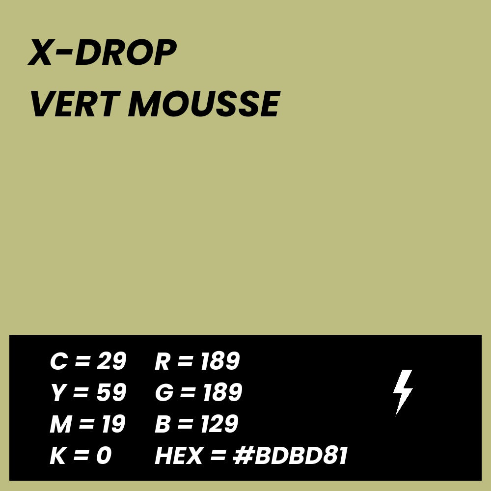Fond Photo Anti-Froissage Westcott X-Drop 1,5 x 2,1 m, coloris vert mousse, fiche couleur avec valeurs CMJN, RVB et HEX