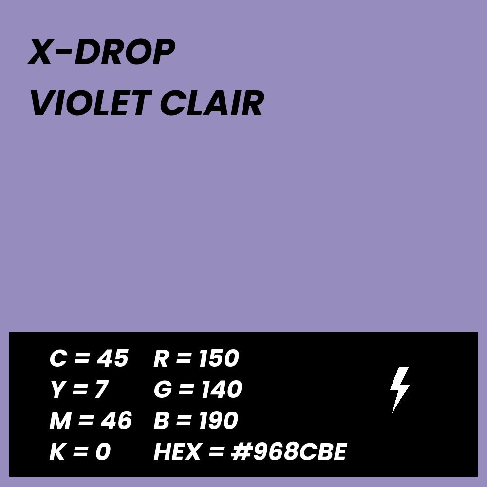 Fond Photo Anti-Froissage Westcott X-Drop 1,5 x 2,1 m, coloris violet clair, fiche couleur avec valeurs CMJN, RVB et HEX