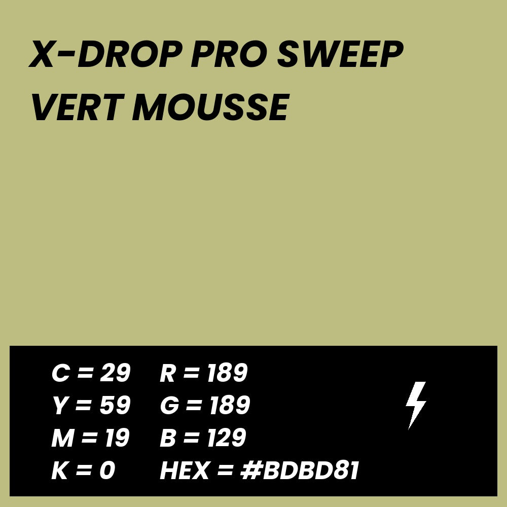 Fond Photo Anti-Froissage Westcott X-Drop Pro Sweep 2,4 x 4 m, coloris vert mousse, fiche couleur avec valeurs CMJN, RVB et HEX