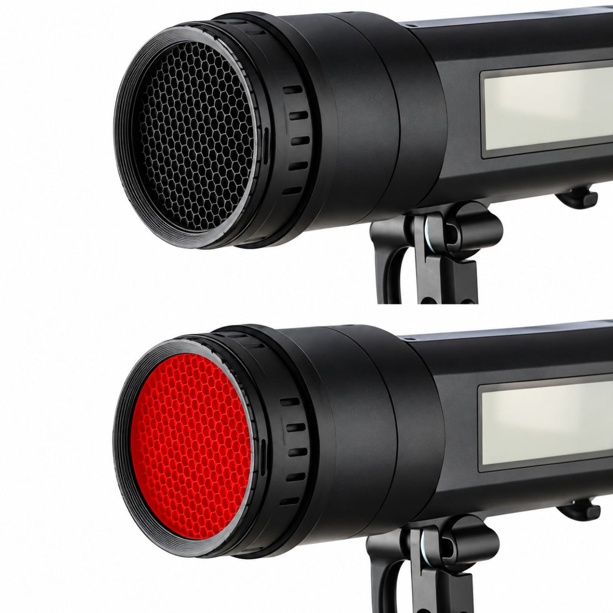 Kit Godox BD-08 sur un AD400Pro, grille nid d'abeille seule puis coiffée du filtre rouge