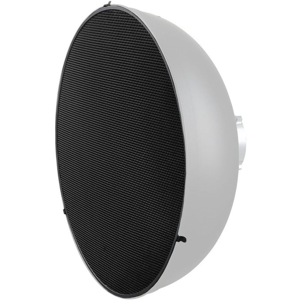 Grille nid d'abeille Godox HC55 clipsée à l'avant d'un bol beauté Godox Pro, vue de trois quarts
