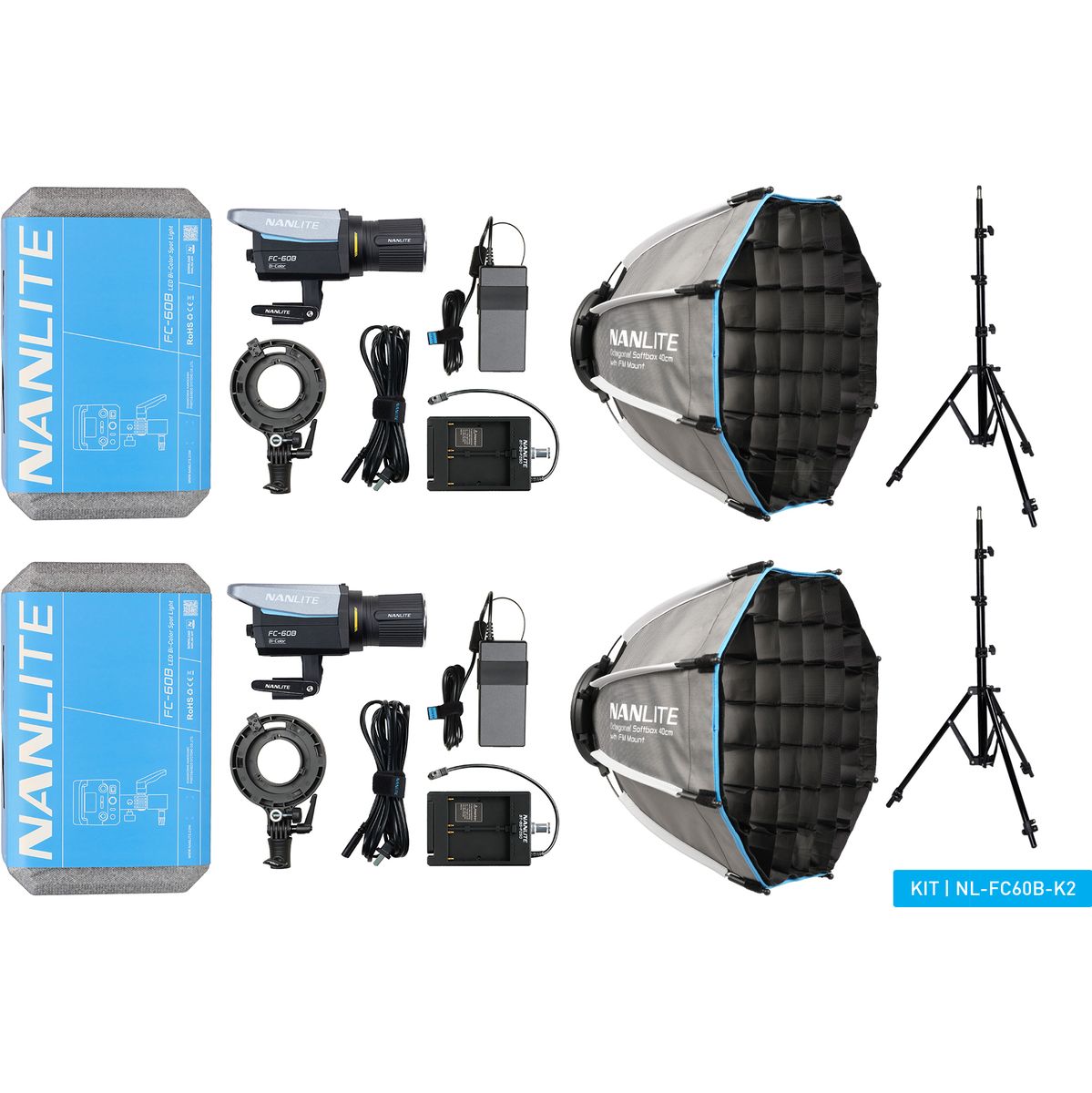 Kit 2 lampes LED Nanlite FC-60B, vue d'ensemble avec pieds et softbox
