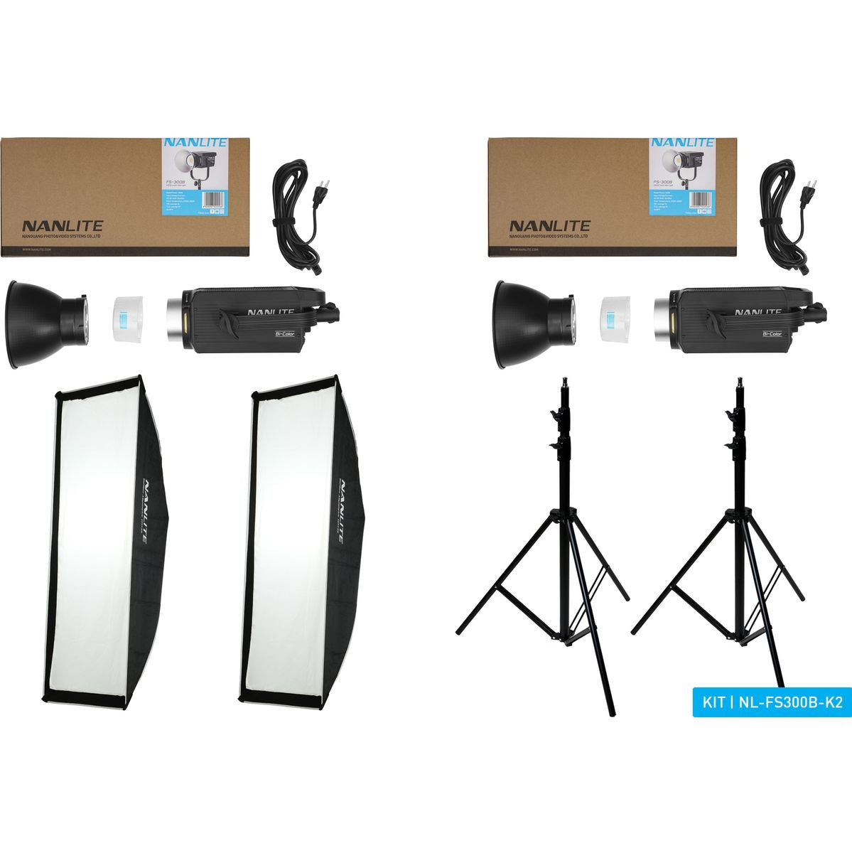 Kit 2 lampes LED Nanlite FS-300B, vue d'ensemble avec pieds et softbox