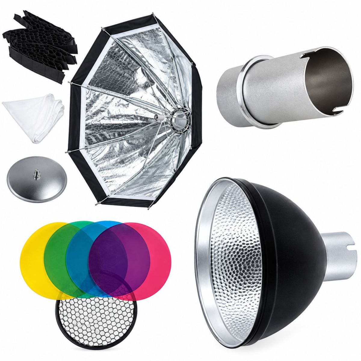 Kit accessoires Godox AD200 : softbox octogonale argent, grilles, diffuseur, réflecteur, capuchon et filtres de couleur