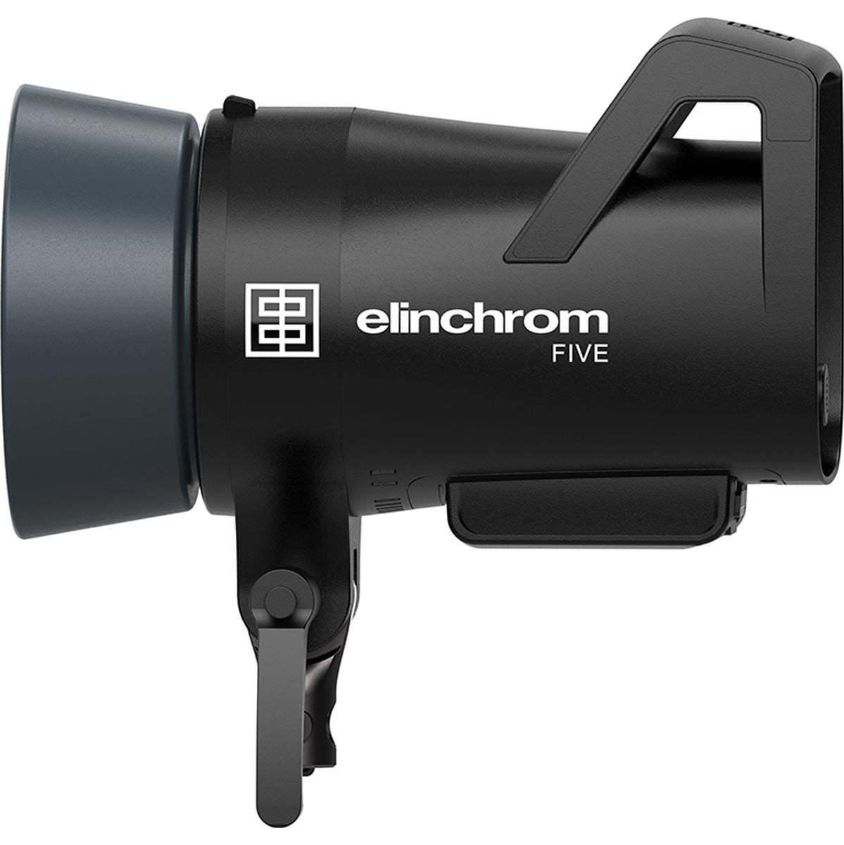 Flash portable Elinchrom FIVE de profil, réflecteur à gauche et batterie amovible logée sous le boîtier