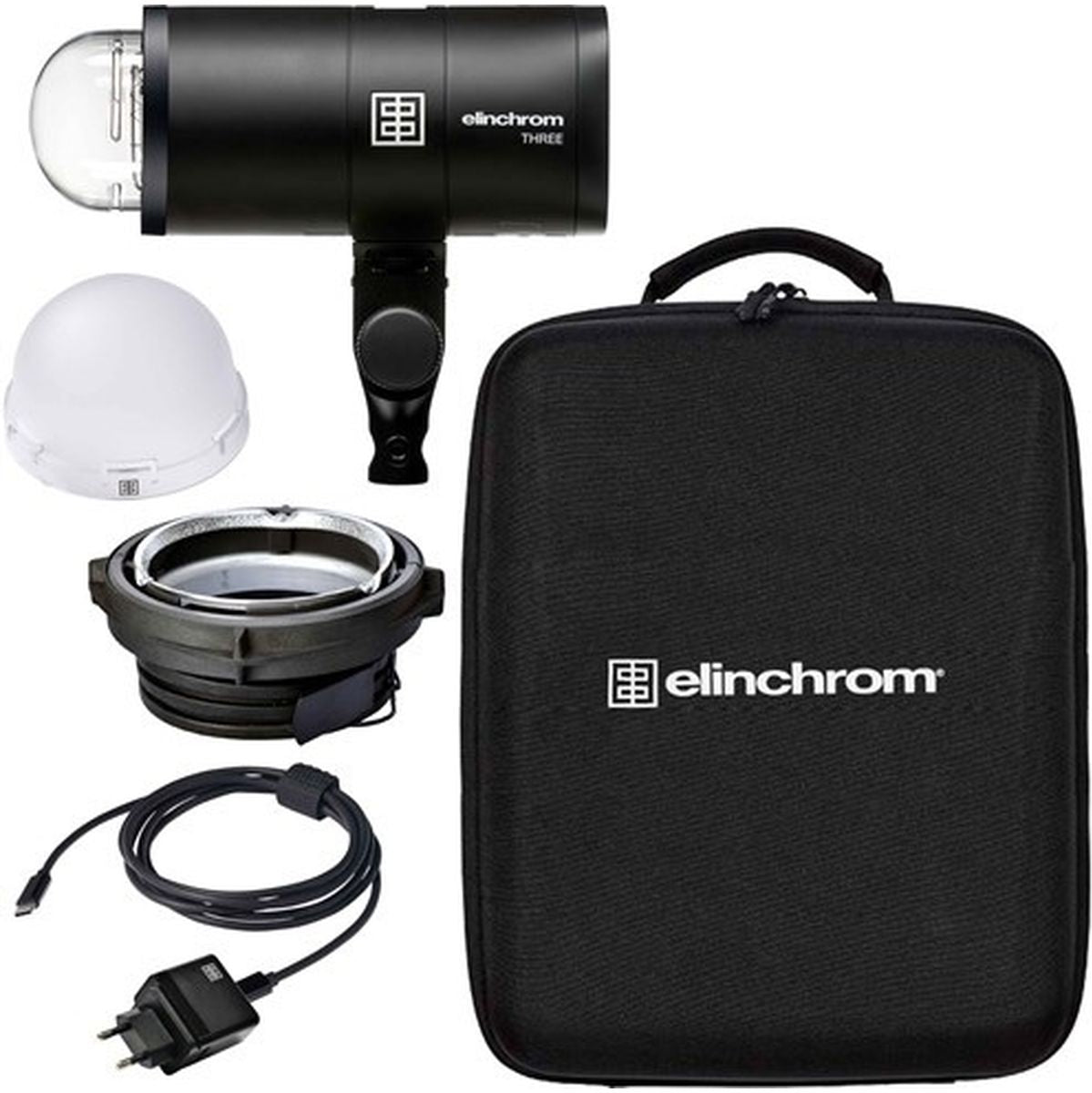 Kit flash portable Elinchrom THREE : flash, dôme de diffusion, OCF Adapter, chargeur USB-C et étui de transport
