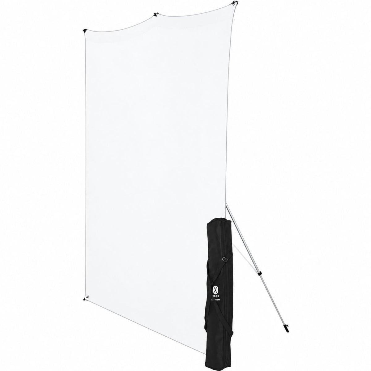 Kit Fond Photo Westcott X-Drop + Support 1,5 x 2,1 m, coloris blanc, vue de trois quarts avec le support et son sac #Couleur_Blanc