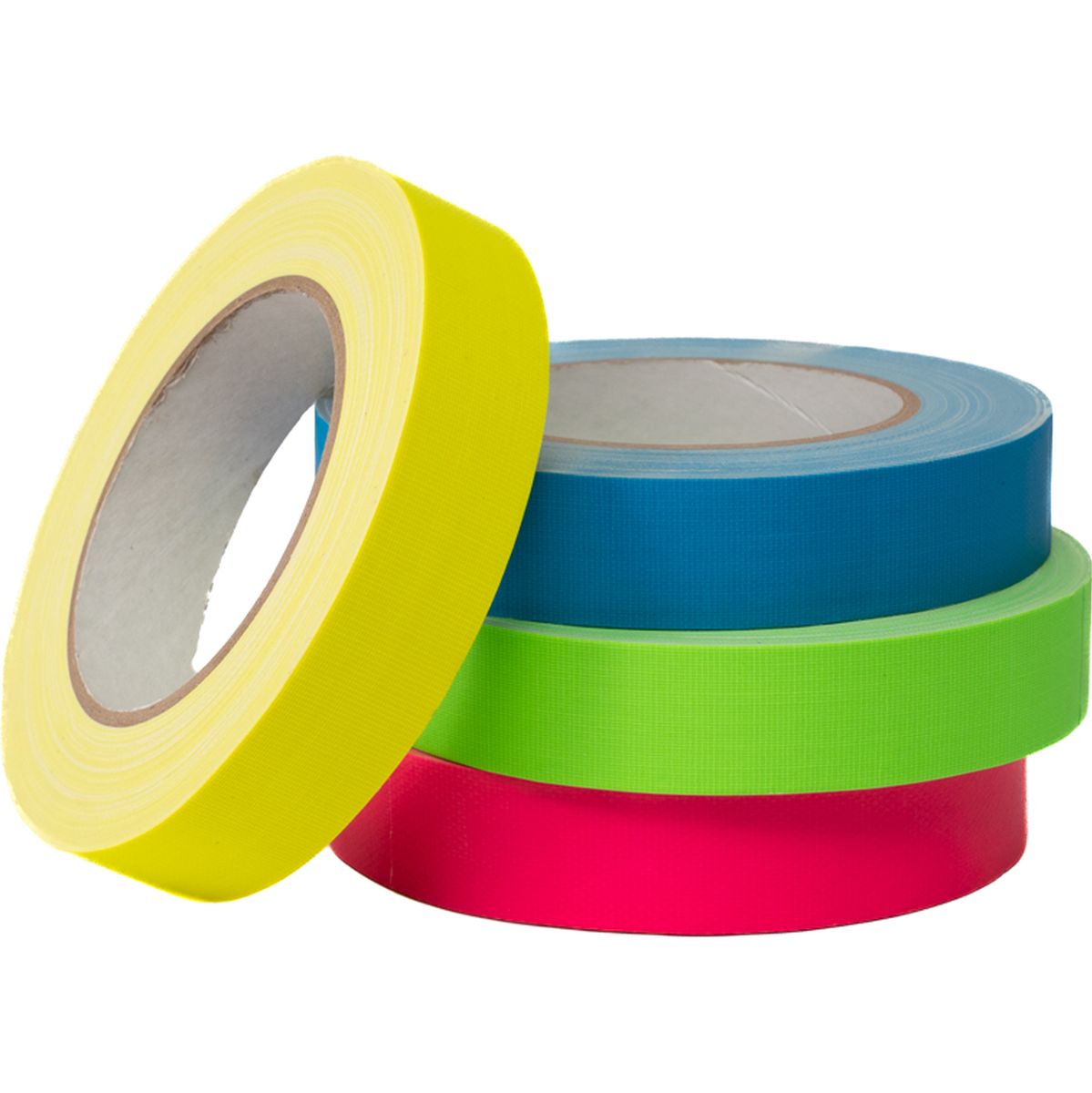 Kit gaffer tape fluo Caruba : quatre rouleaux jaune, bleu, vert et rose posés en pile
