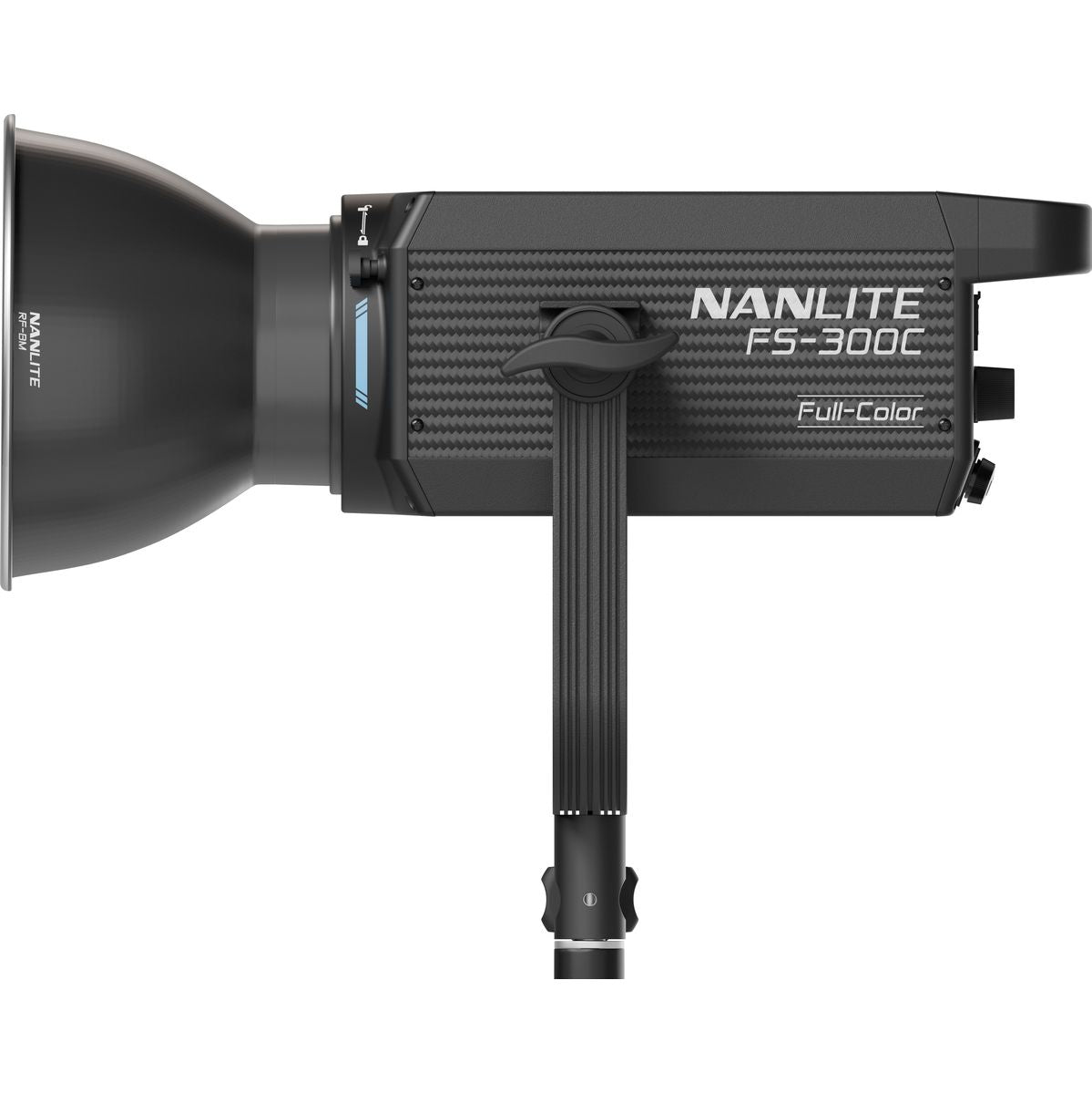 Lampe LED Nanlite FS-300C RGB de profil gauche sur sa potence de fixation