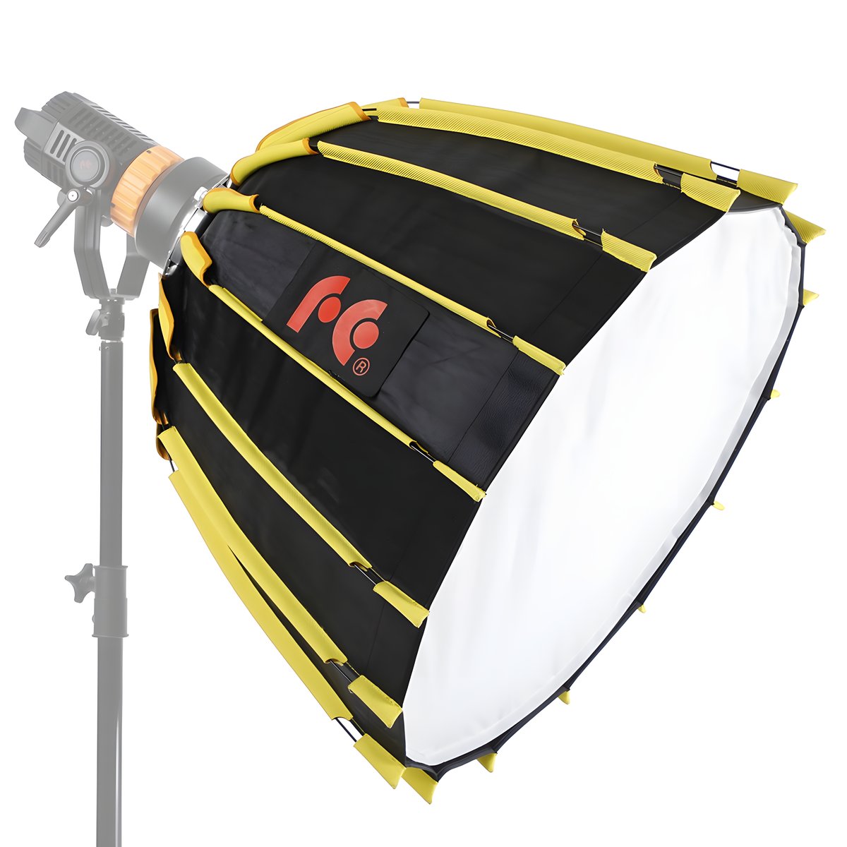 Octabox pliable Falcon Eyes Spread SPB90 montée sur une lampe LED, diffuseur blanc en place
