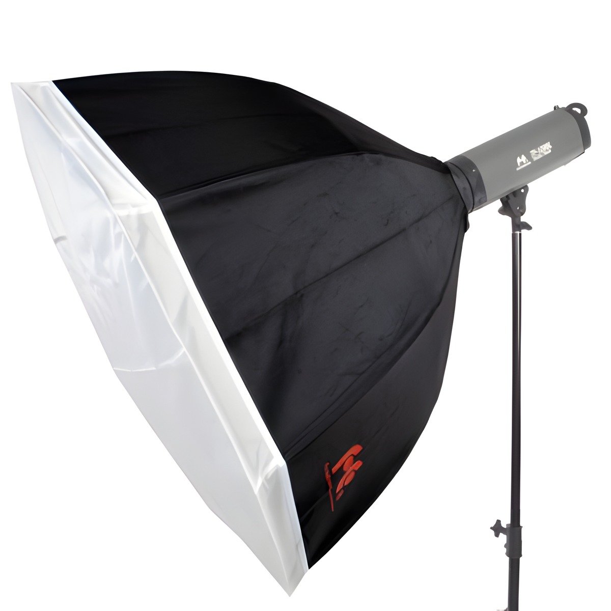 Octabox profonde pliable Falcon Eyes FEOB-10EX de profil sur flash et pied, face diffusante blanche