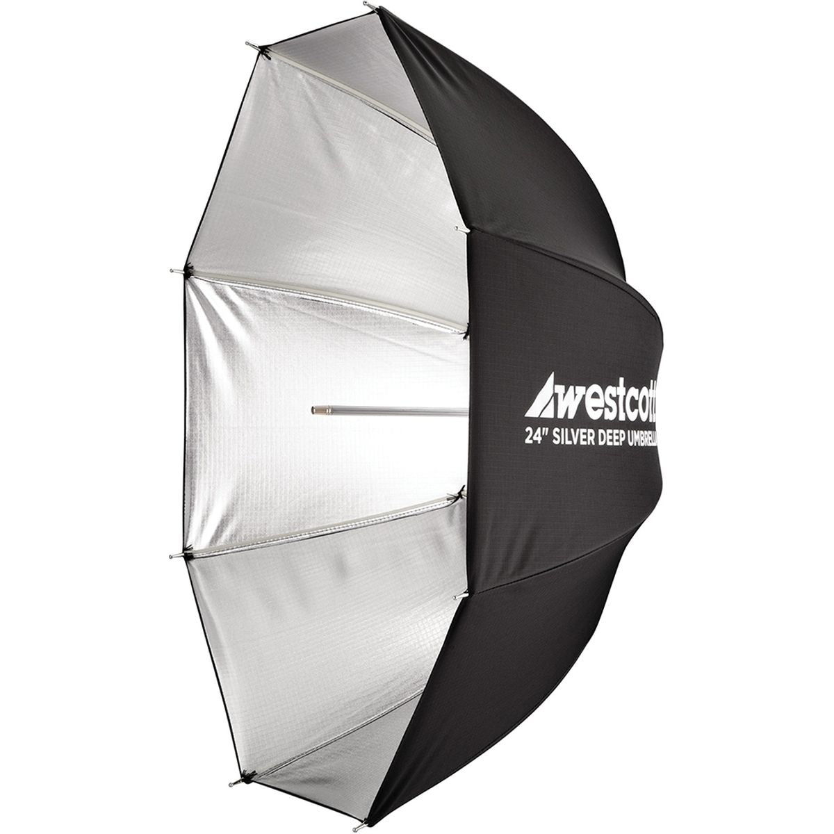 Parapluie profond Westcott 24 pouces argent de profil, dos noir au logo Westcott