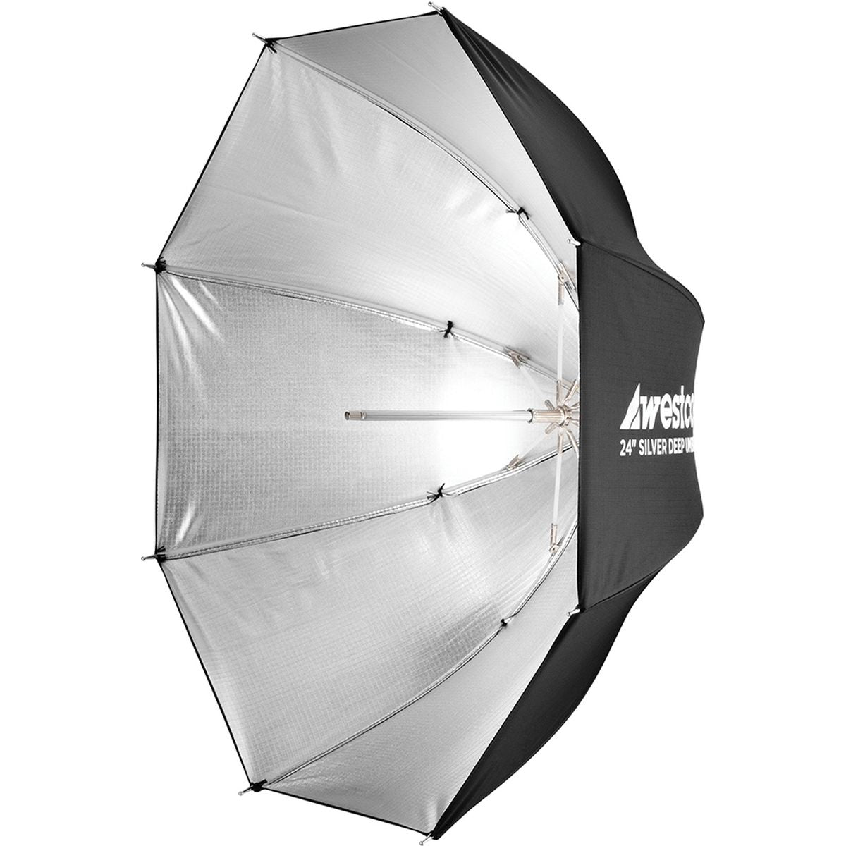 Parapluie profond Westcott 61 cm intérieur argent, vu de trois quarts avec sa tige centrale