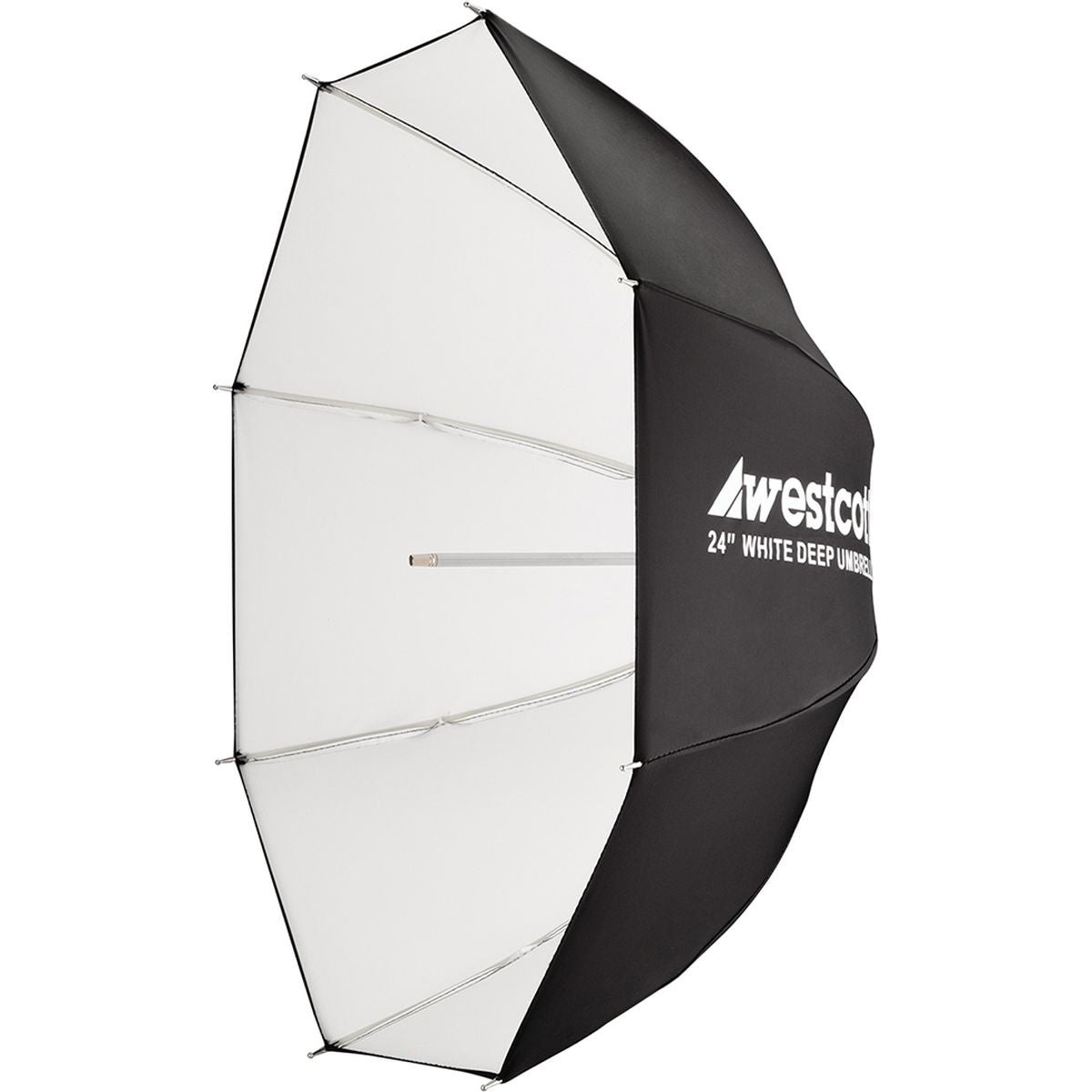 Parapluie profond Westcott 24 pouces blanc de profil, dos noir au logo Westcott