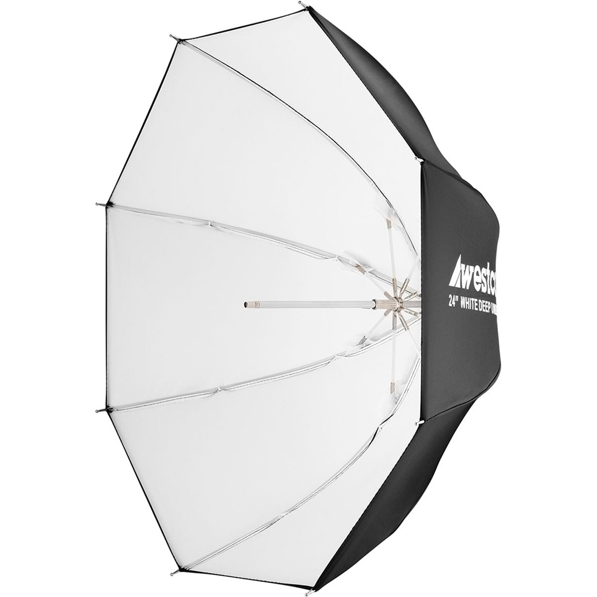 Parapluie profond Westcott 61 cm intérieur blanc, vu de trois quarts avec sa tige et ses 8 baleines