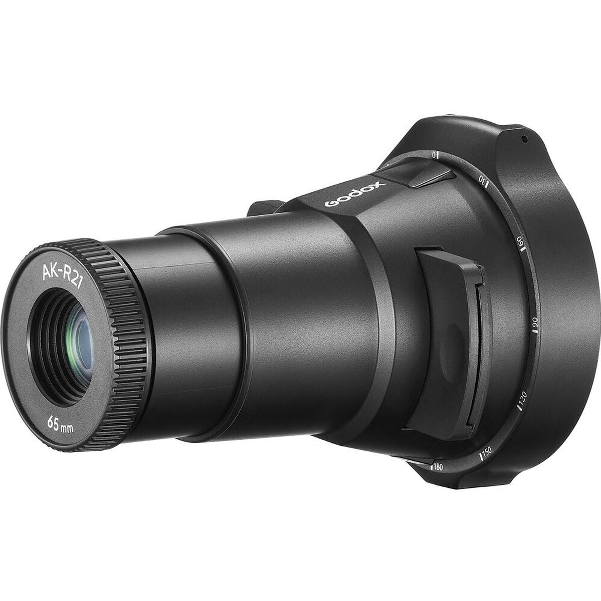 Projecteur Godox AK-R21 vu de trois quarts avant, objectif 65 mm et bague graduée